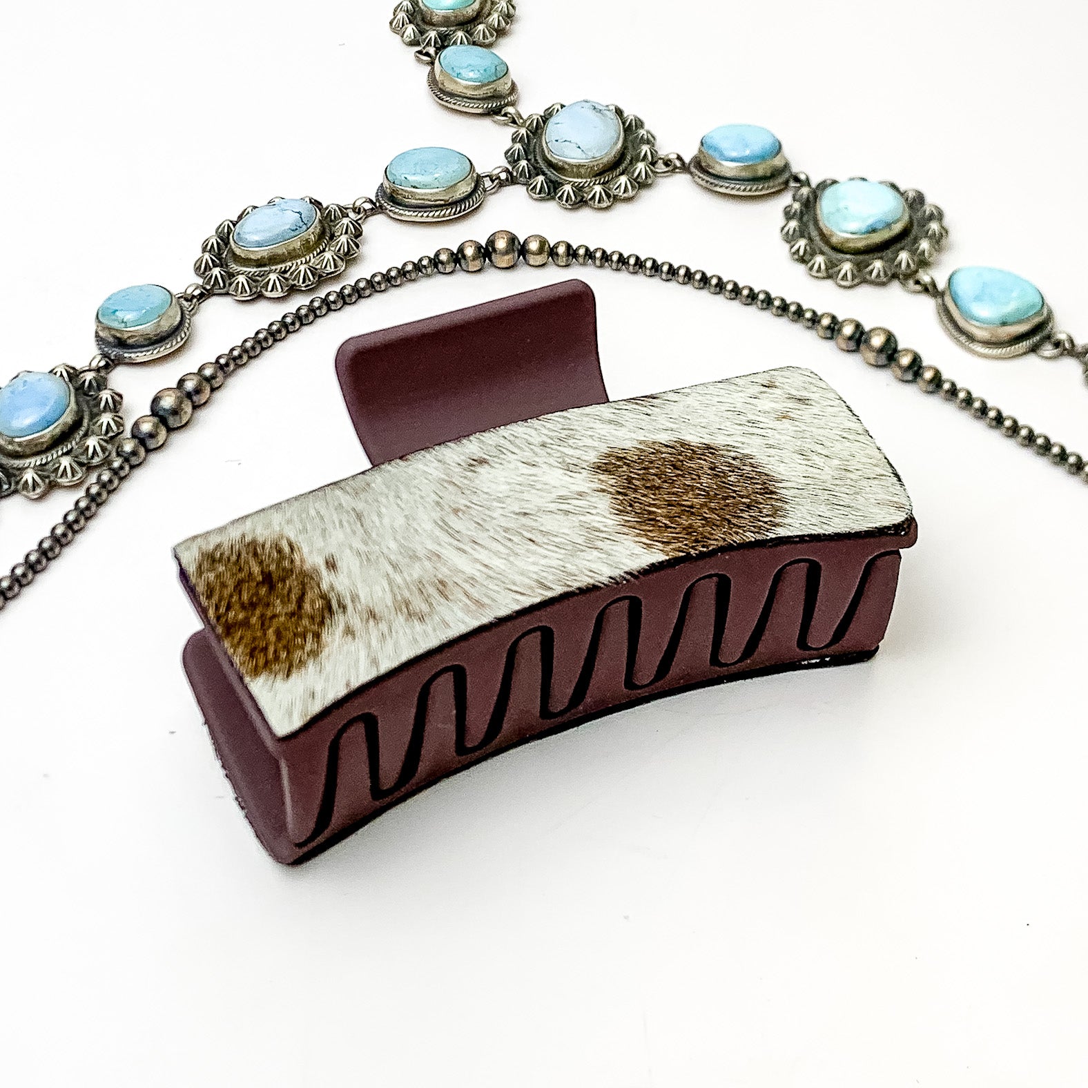 Maroon Rectangle Claw Clip with Ivory and Brown Mix Cowhide - Giddy Up Glamour Boutique