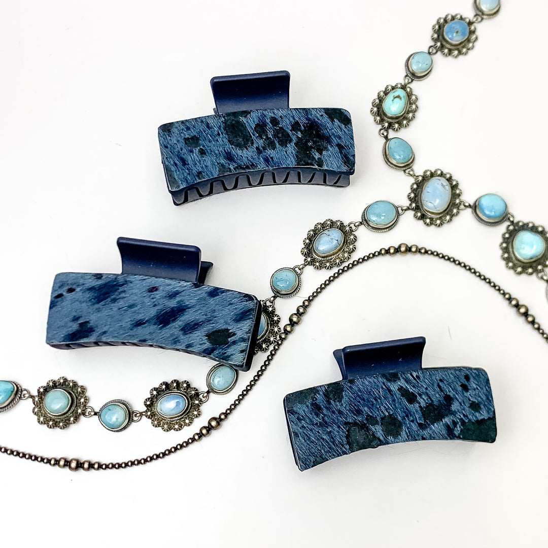 Navy Blue Rectangle Claw Clip with Dark Blue Mix Cowhide - Giddy Up Glamour Boutique