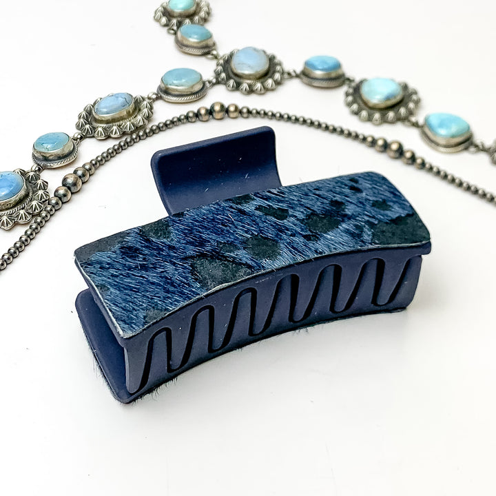 Navy Blue Rectangle Claw Clip with Dark Blue Mix Cowhide - Giddy Up Glamour Boutique