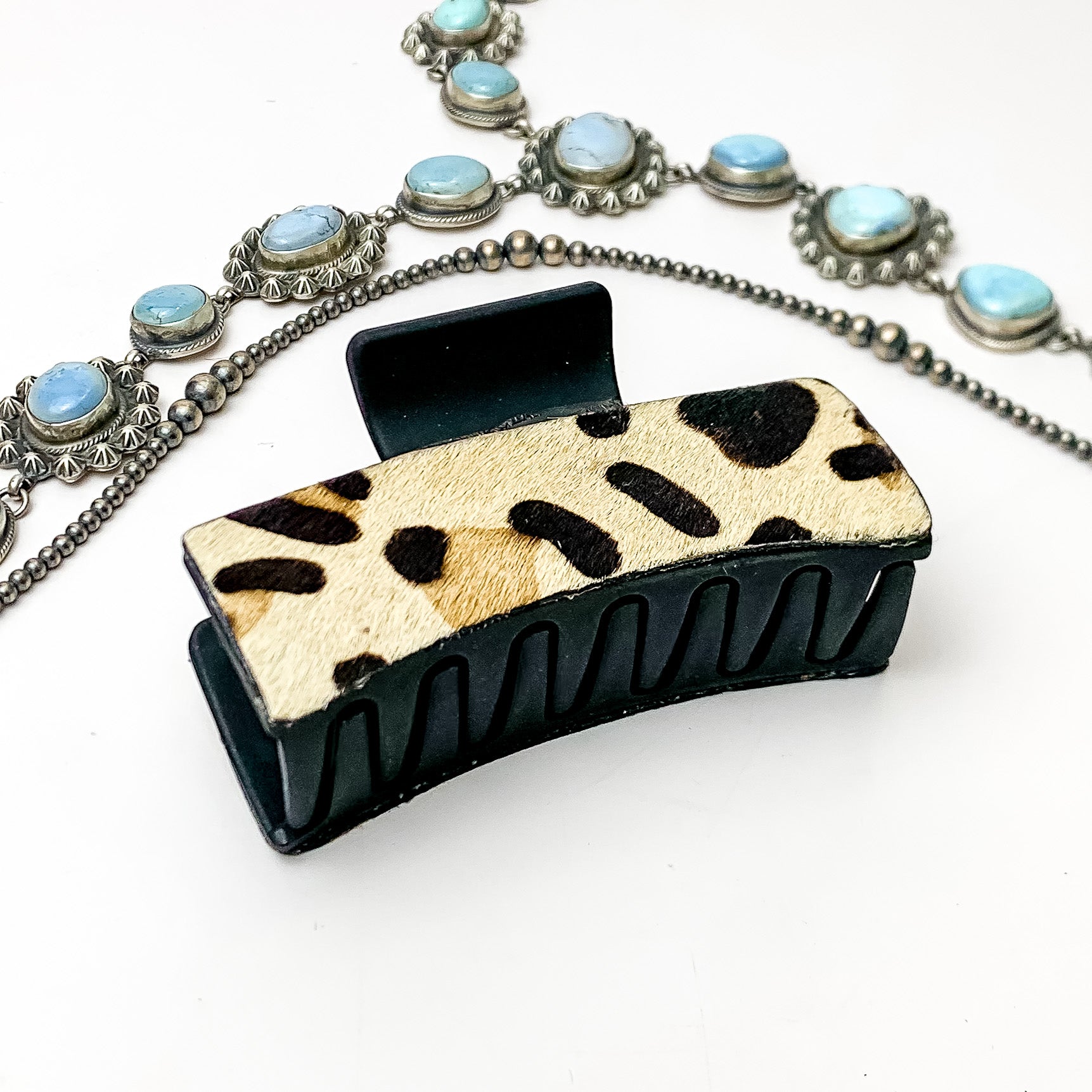 Black Rectangle Claw Clip with Leopard Print Cowhide - Giddy Up Glamour Boutique