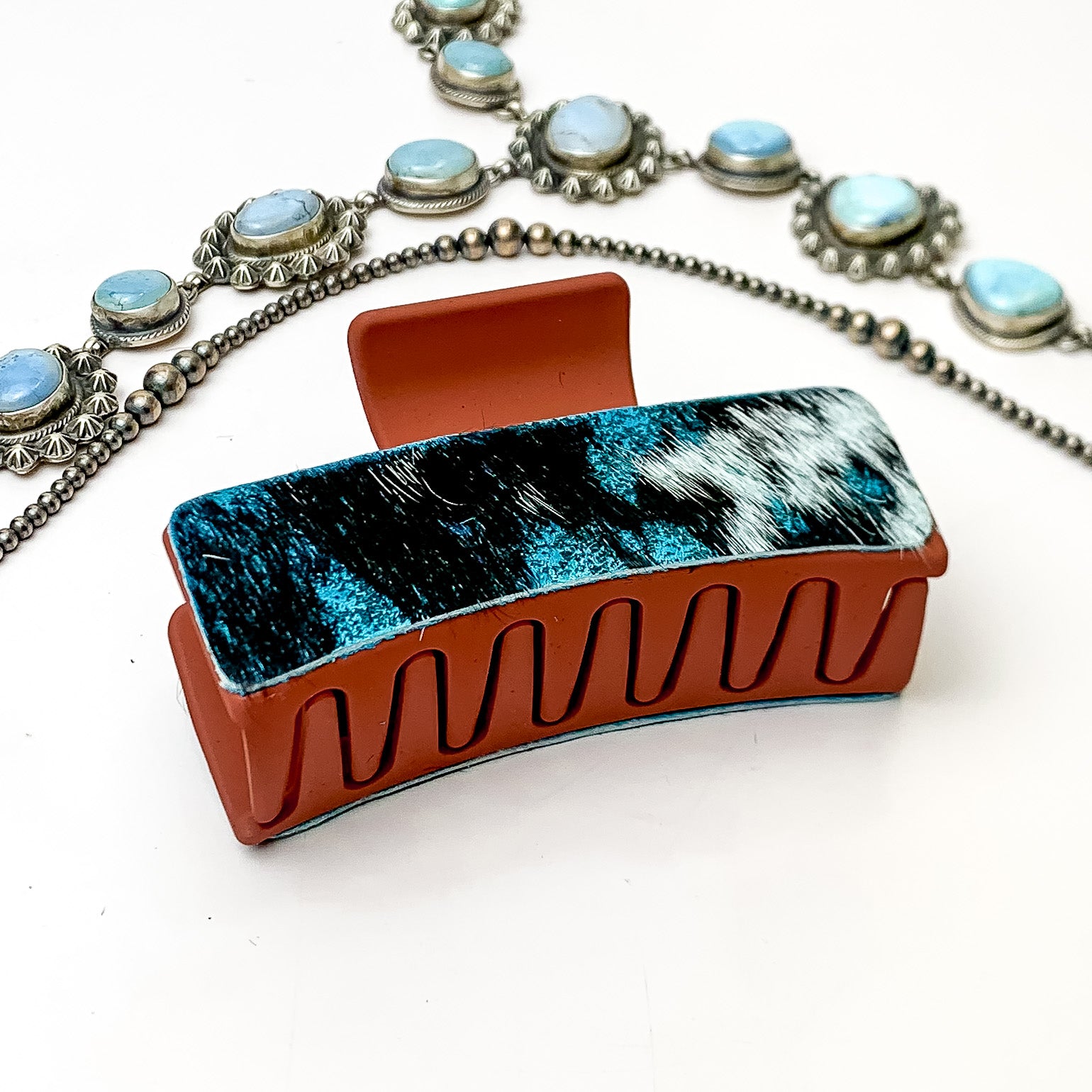 Rust Red Rectangle Claw Clip with Turquoise Blue Mix Acid Wash Cowhide - Giddy Up Glamour Boutique