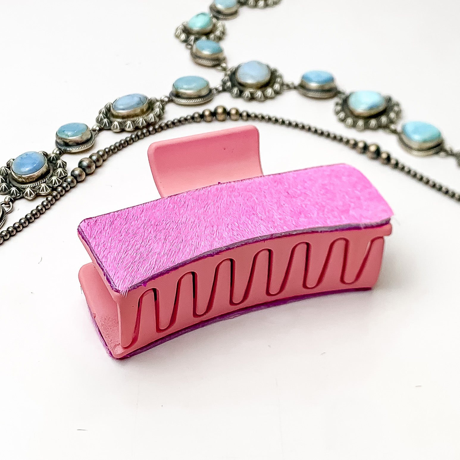 Pink Rectangle Claw Clip with Light Pink Cowhide - Giddy Up Glamour Boutique