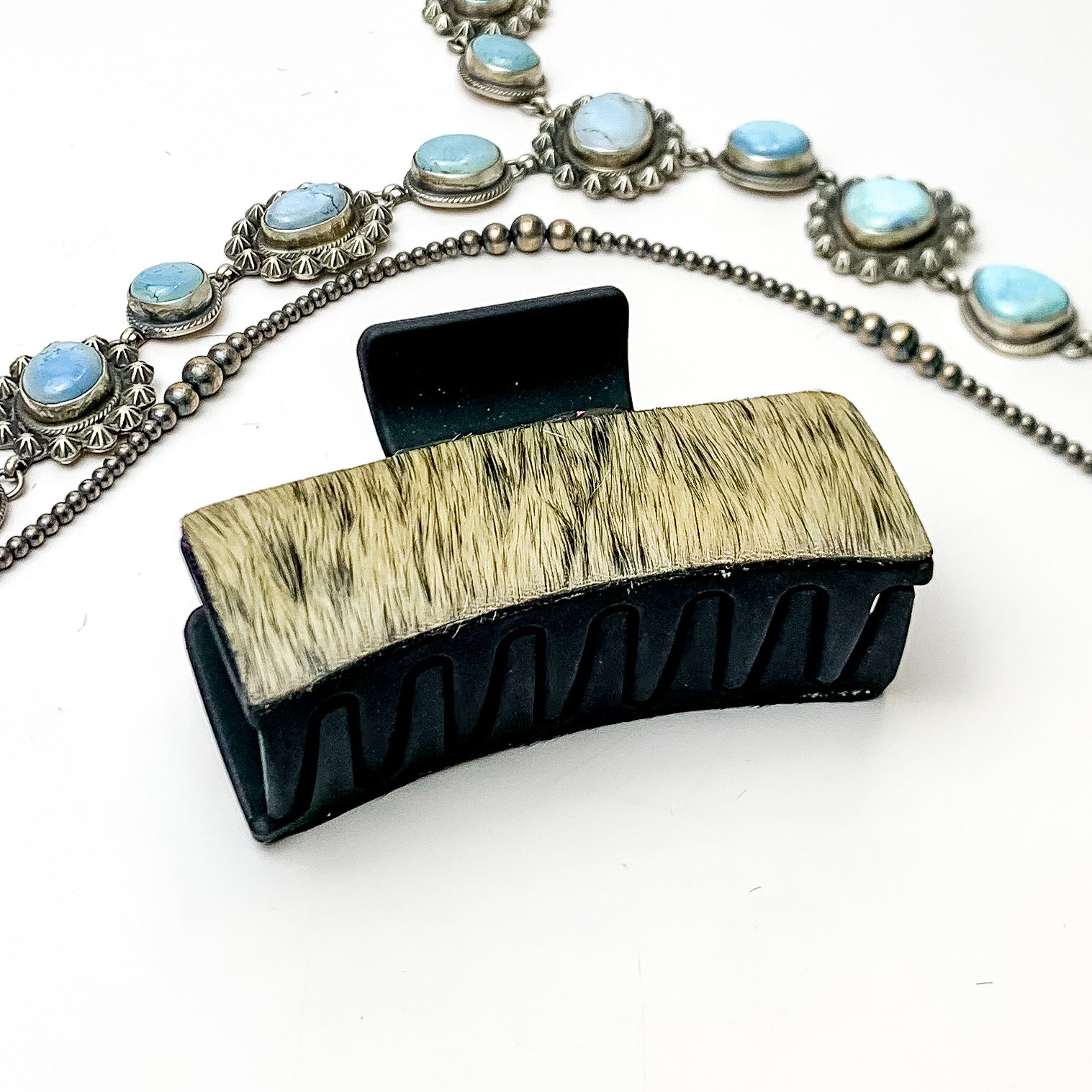 Black Rectangle Claw Clip with Ivory and Black Mix Cowhide - Giddy Up Glamour Boutique