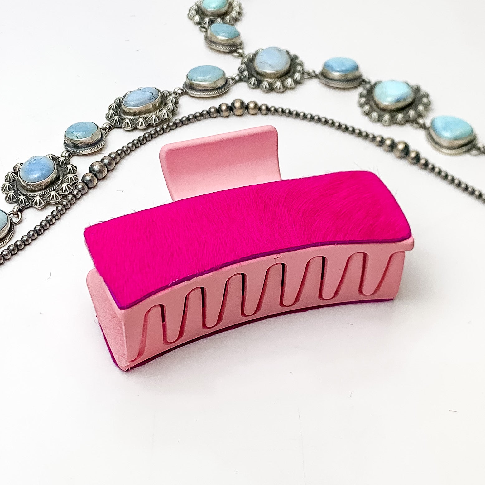 Pink Rectangle Claw Clip with Hot Pink Cowhide - Giddy Up Glamour Boutique