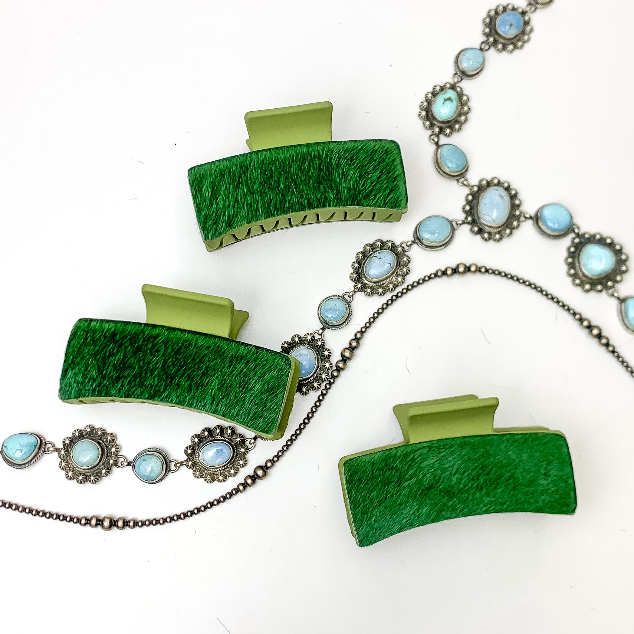 Green Rectangle Claw Clip with Green Cowhide - Giddy Up Glamour Boutique