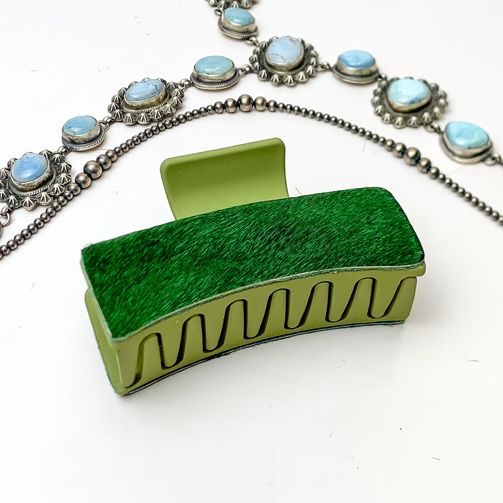 Green Rectangle Claw Clip with Green Cowhide - Giddy Up Glamour Boutique