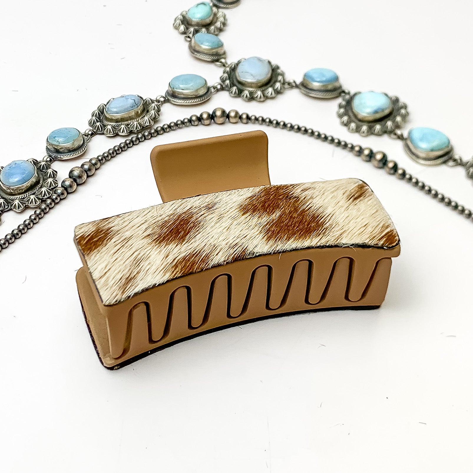 Tan Rectangle Claw Clip with Ivory and Tan Mix Cowhide - Giddy Up Glamour Boutique