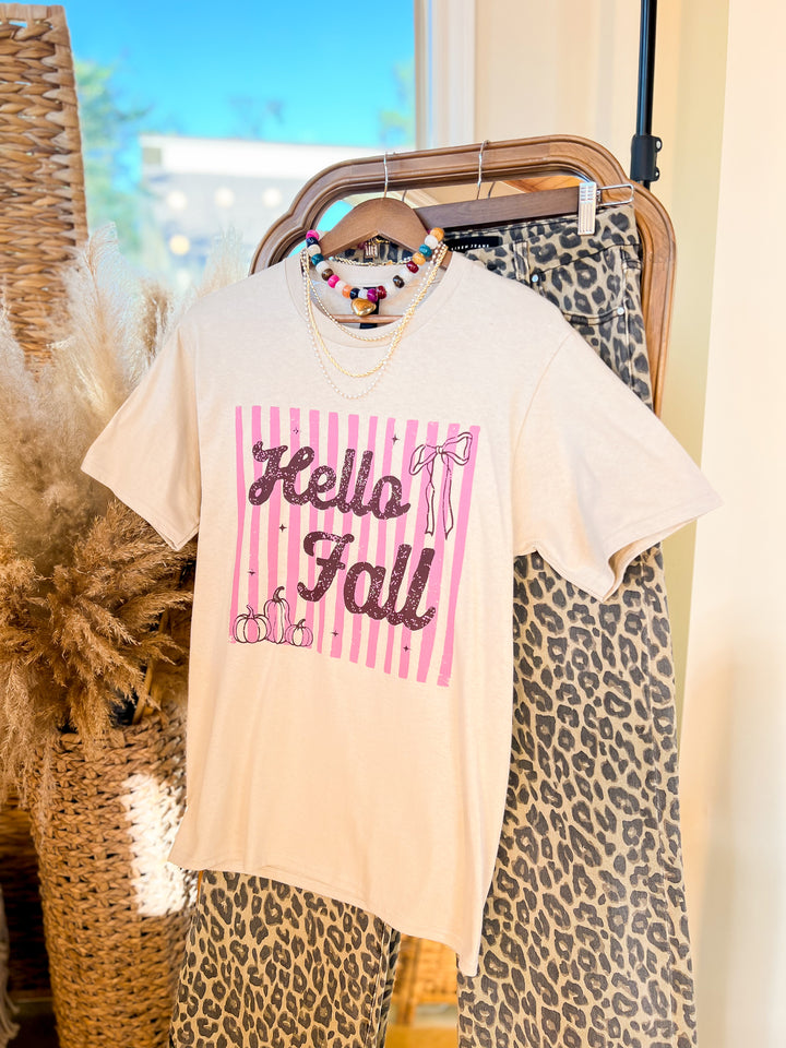 Hello Fall Striped Bow and Pumpkin Short Sleeve Graphic Tee in Sand