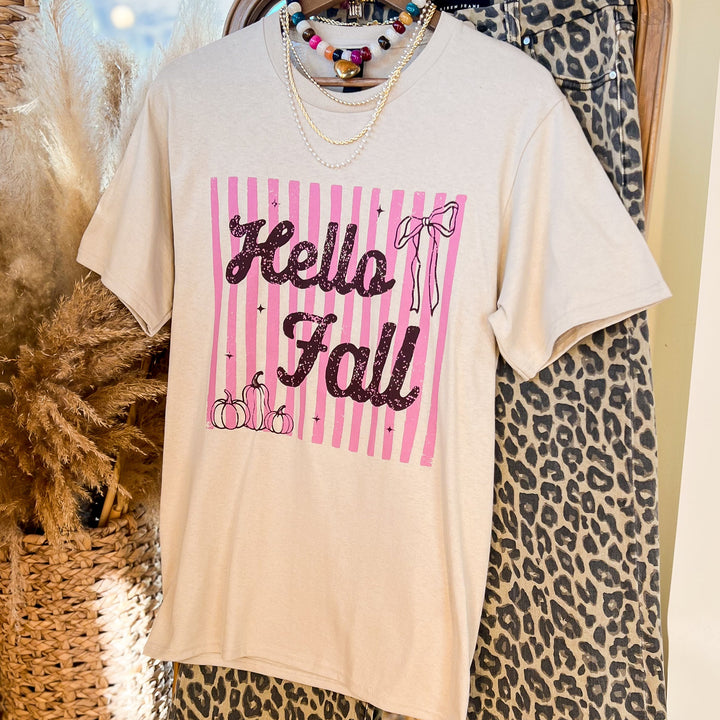 Hello Fall Striped Bow and Pumpkin Short Sleeve Graphic Tee in Sand