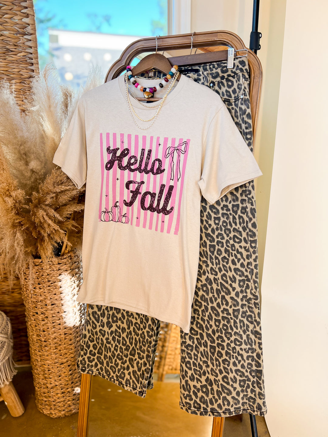 Hello Fall Striped Bow and Pumpkin Short Sleeve Graphic Tee in Sand