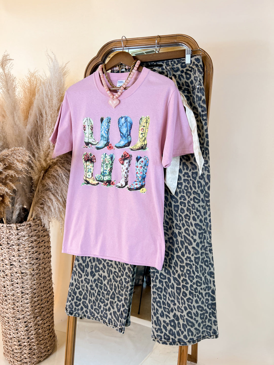 Floral Cowboy Boots Short Sleeve Graphic Tee in Pale Blush Pink