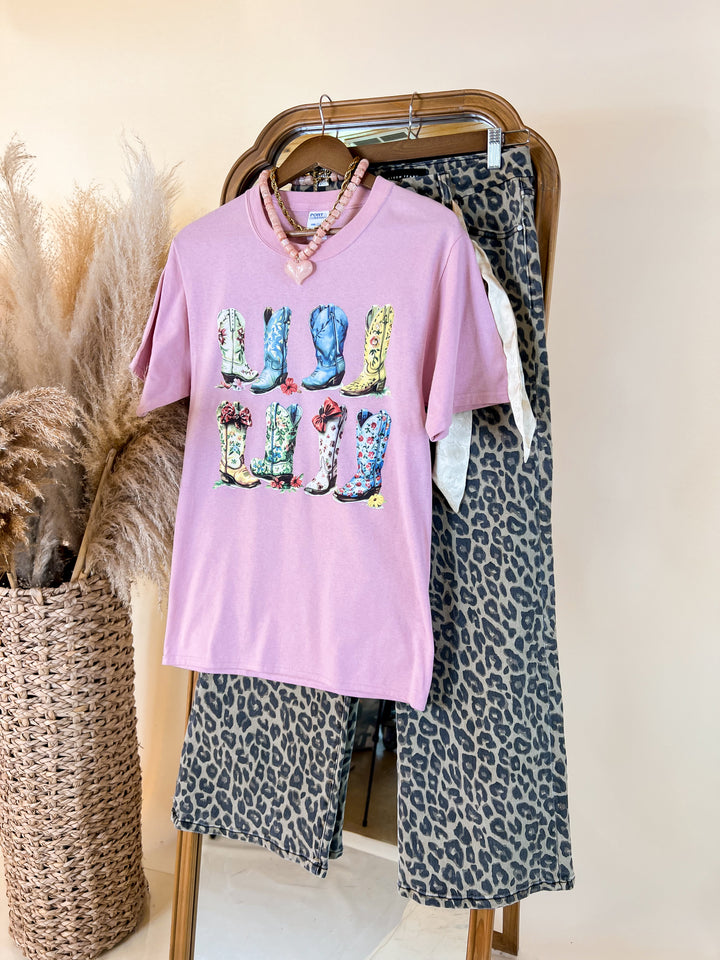 Floral Cowboy Boots Short Sleeve Graphic Tee in Pale Blush Pink