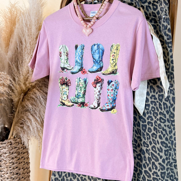 Floral Cowboy Boots Short Sleeve Graphic Tee in Pale Blush Pink