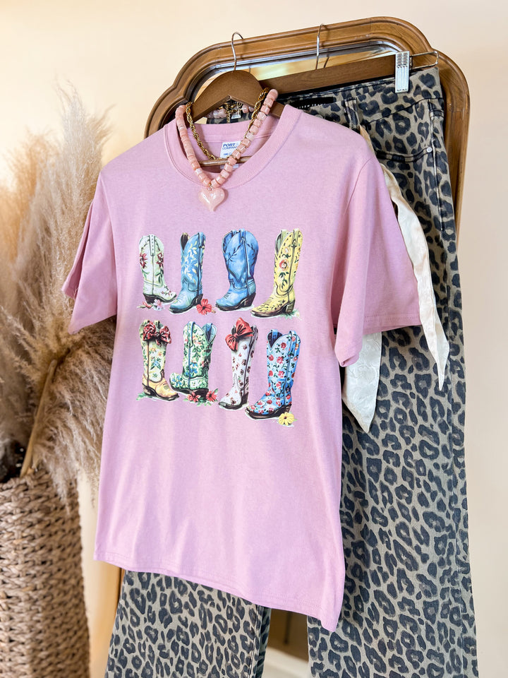 Floral Cowboy Boots Short Sleeve Graphic Tee in Pale Blush Pink