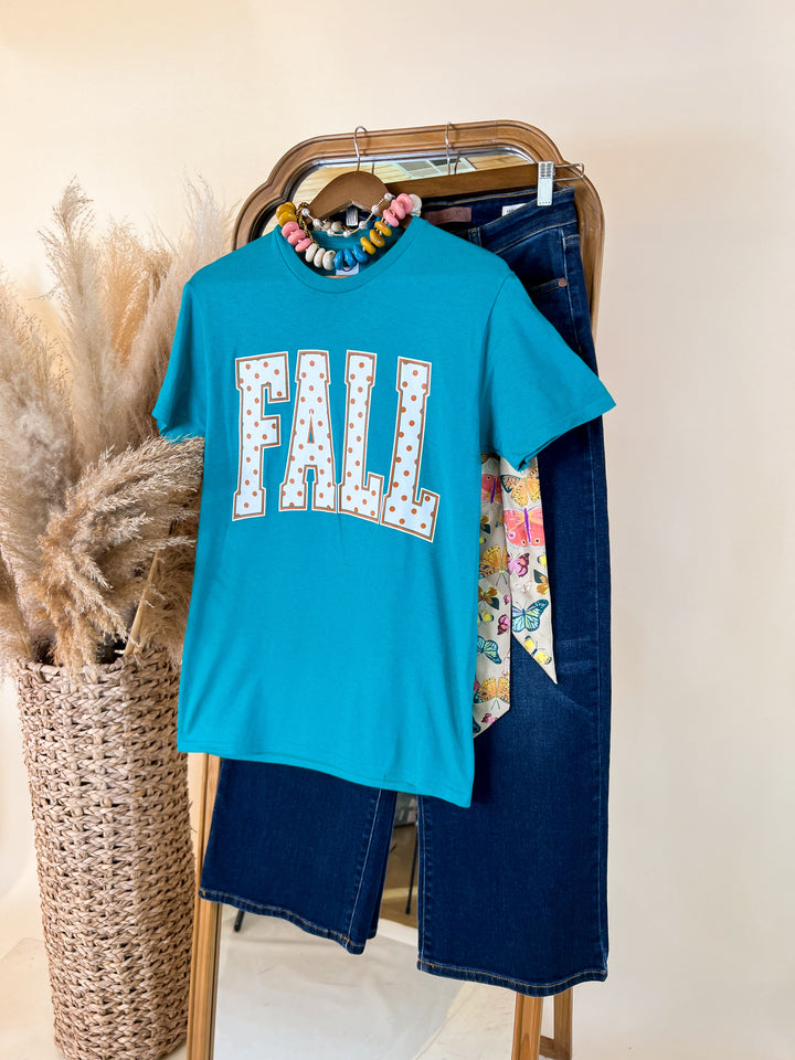 Fall Polka Dot Varsity Letter Short Sleeve Graphic Tee in Teal