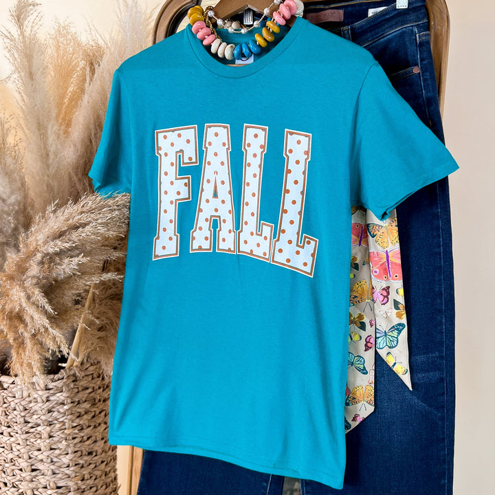 Fall Polka Dot Varsity Letter Short Sleeve Graphic Tee in Teal