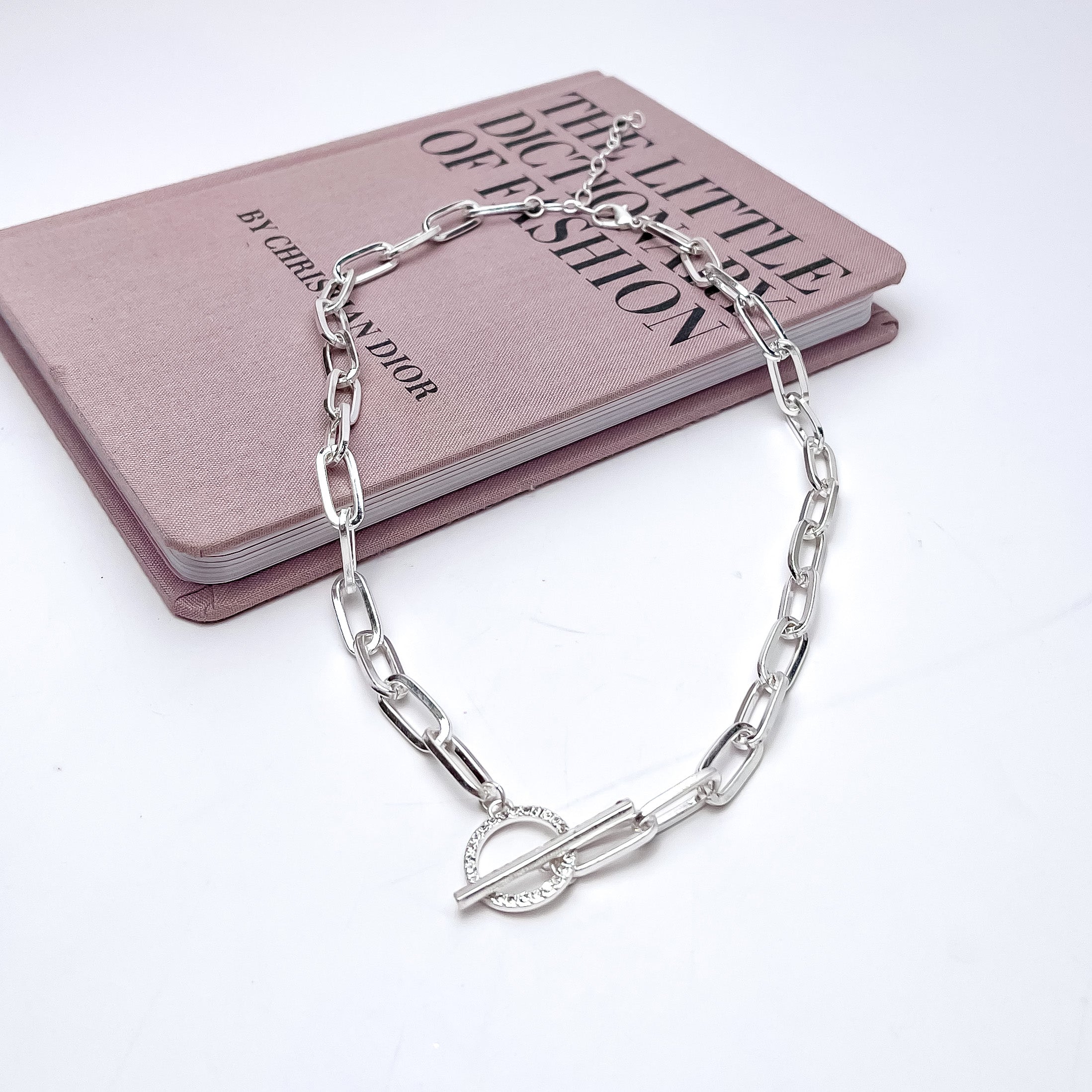 Front and Center Silver Tone Chain Necklace With Front Toggle. Pictured with a white background and part of the necklace laying on a pink book.