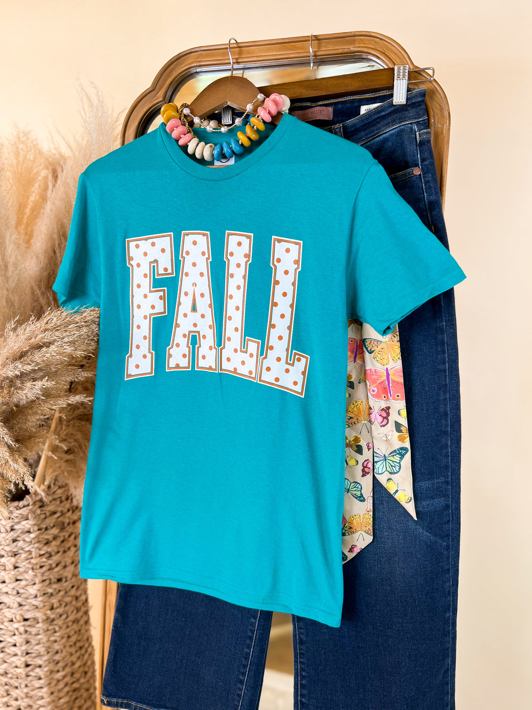 Fall Polka Dot Varsity Letter Short Sleeve Graphic Tee in Teal
