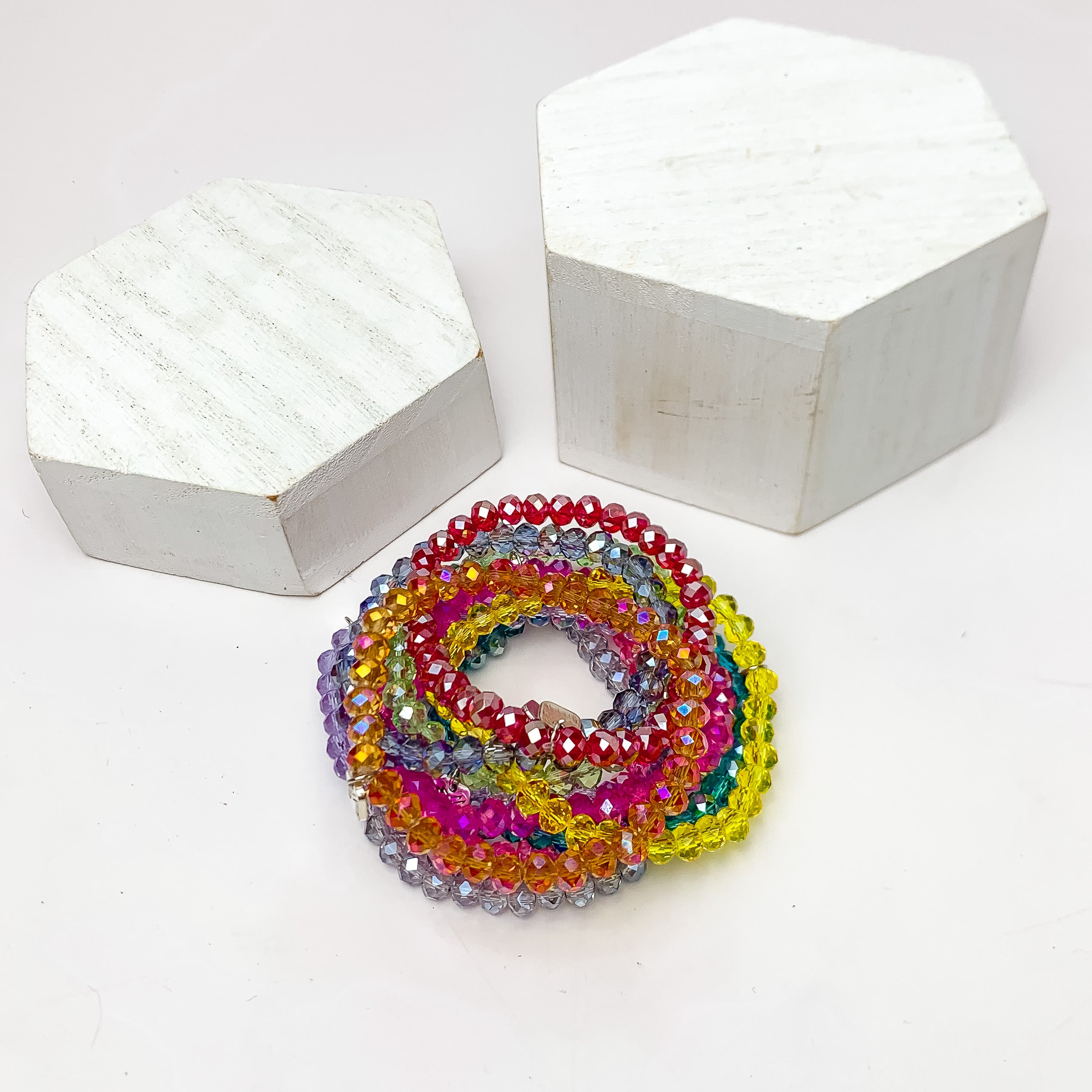 Set of Ten | Party Girl Crystal Beaded Bracelet Set in Light Multicolor - Giddy Up Glamour Boutique