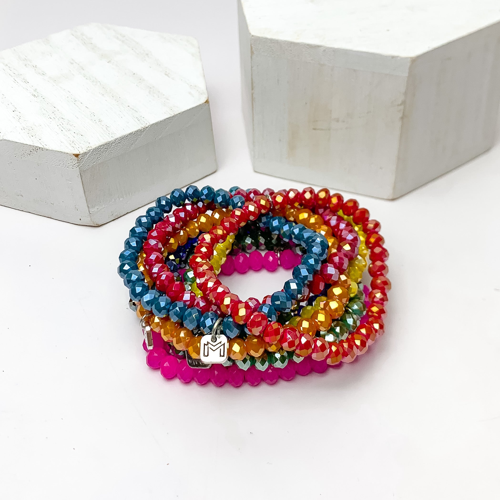 Set of Ten | Party Girl Crystal Beaded Bracelet Set in Dark Multicolor - Giddy Up Glamour Boutique