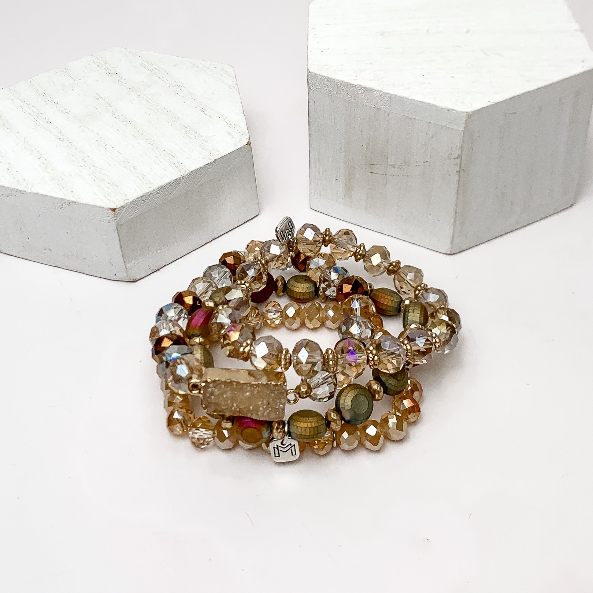 Set of Four | Crystal Beaded Bracelet Set in Gold Tones - Giddy Up Glamour Boutique