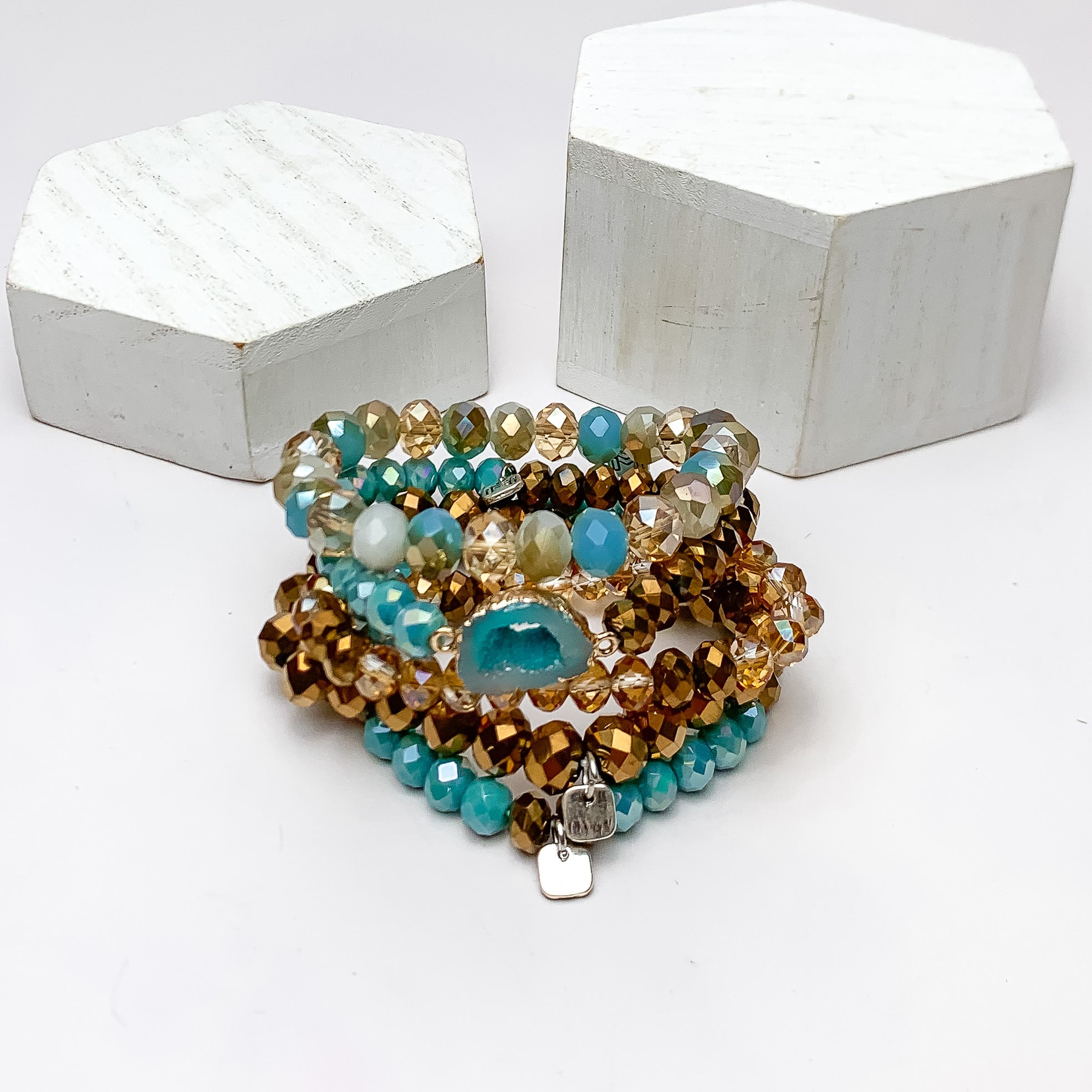 Set of Five | All Nighter Crystal Beaded Bracelet Set in Turquoise Blue and Gold Tones - Giddy Up Glamour Boutique