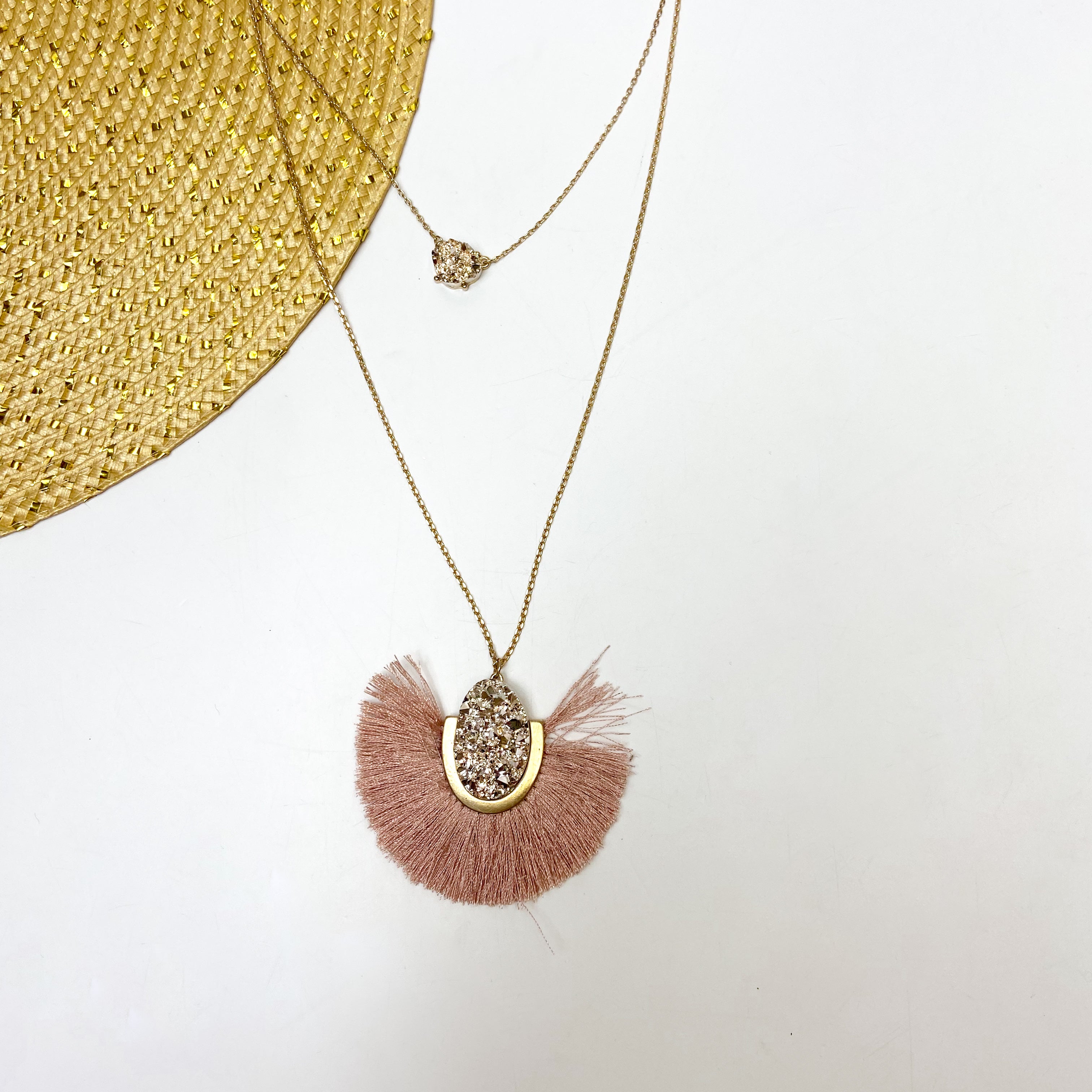 DOUBLE LAYER NECKLACE WITH SMALL DRUZY STONE AND OVAL DRUZY STONE WITH FRINGE TRIM IN DUSTY ROSE PINK | ONLY 1 LEFT!