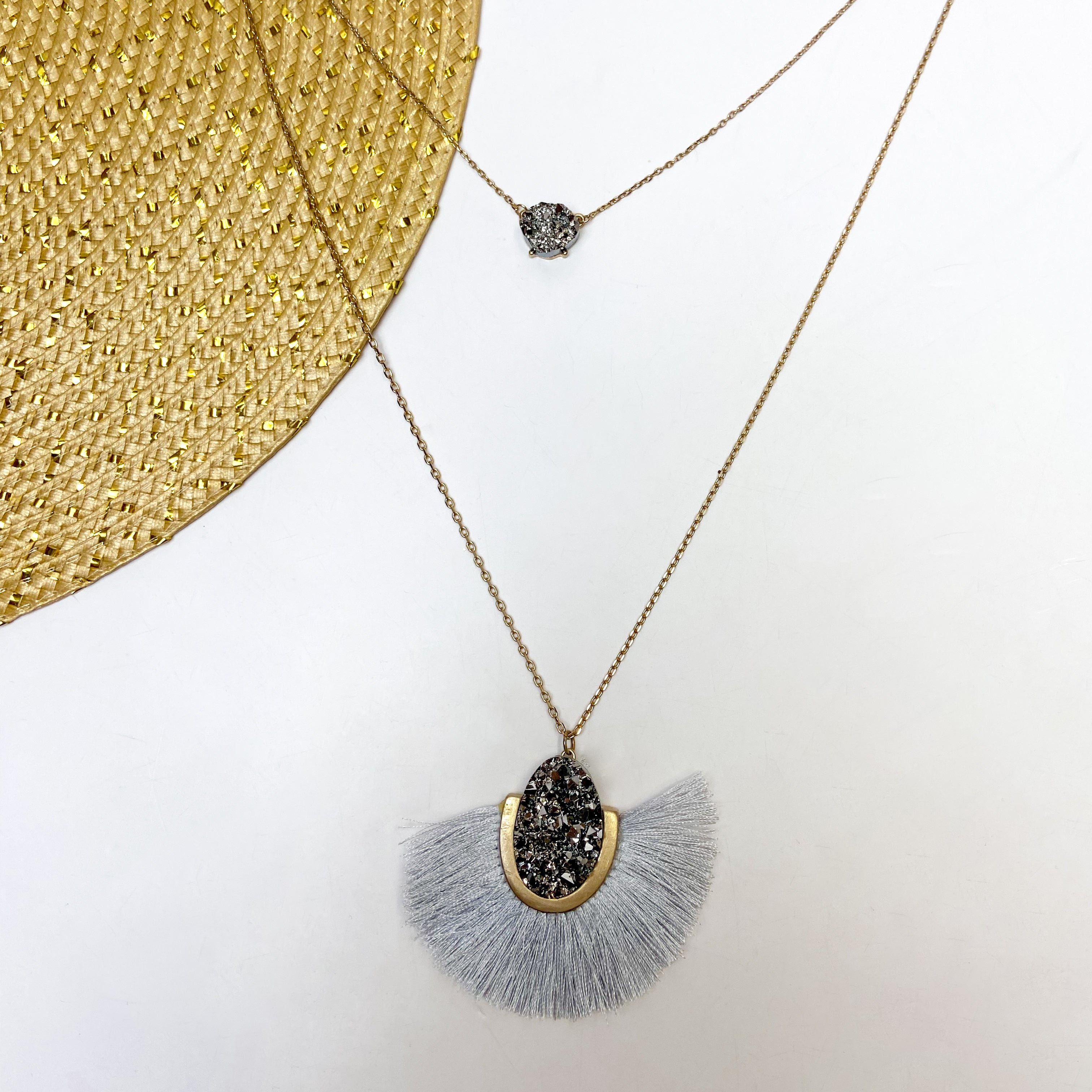 DOUBLE LAYER NECKLACE WITH SMALL DRUZY STONE AND OVAL DRUZY STONE WITH FRINGE TRIM IN LIGHT GRAY | ONLY 1 LEFT!
