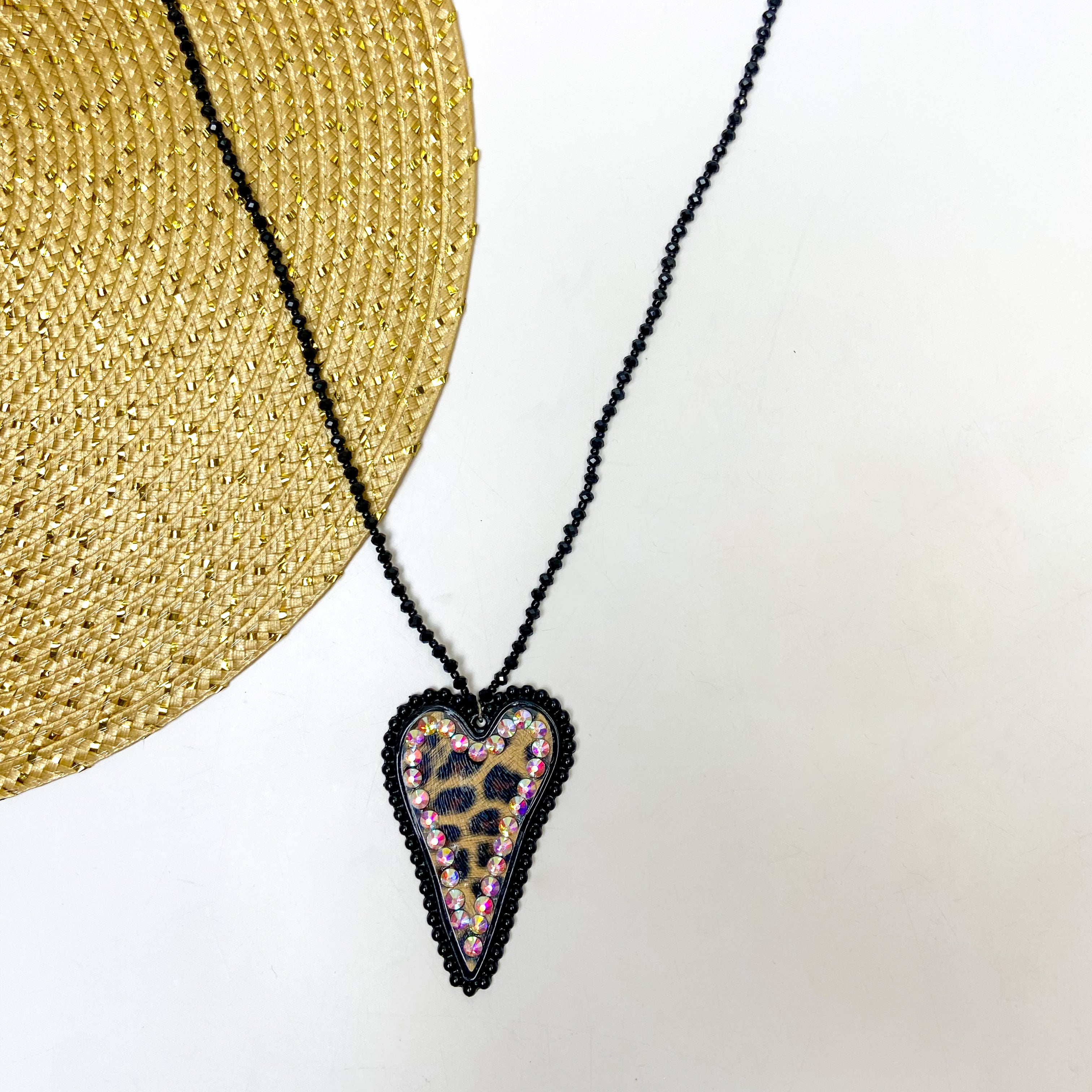 Black Beaded Necklace With Leopard Print Heart Pendant and AB Crystal Border Accents
