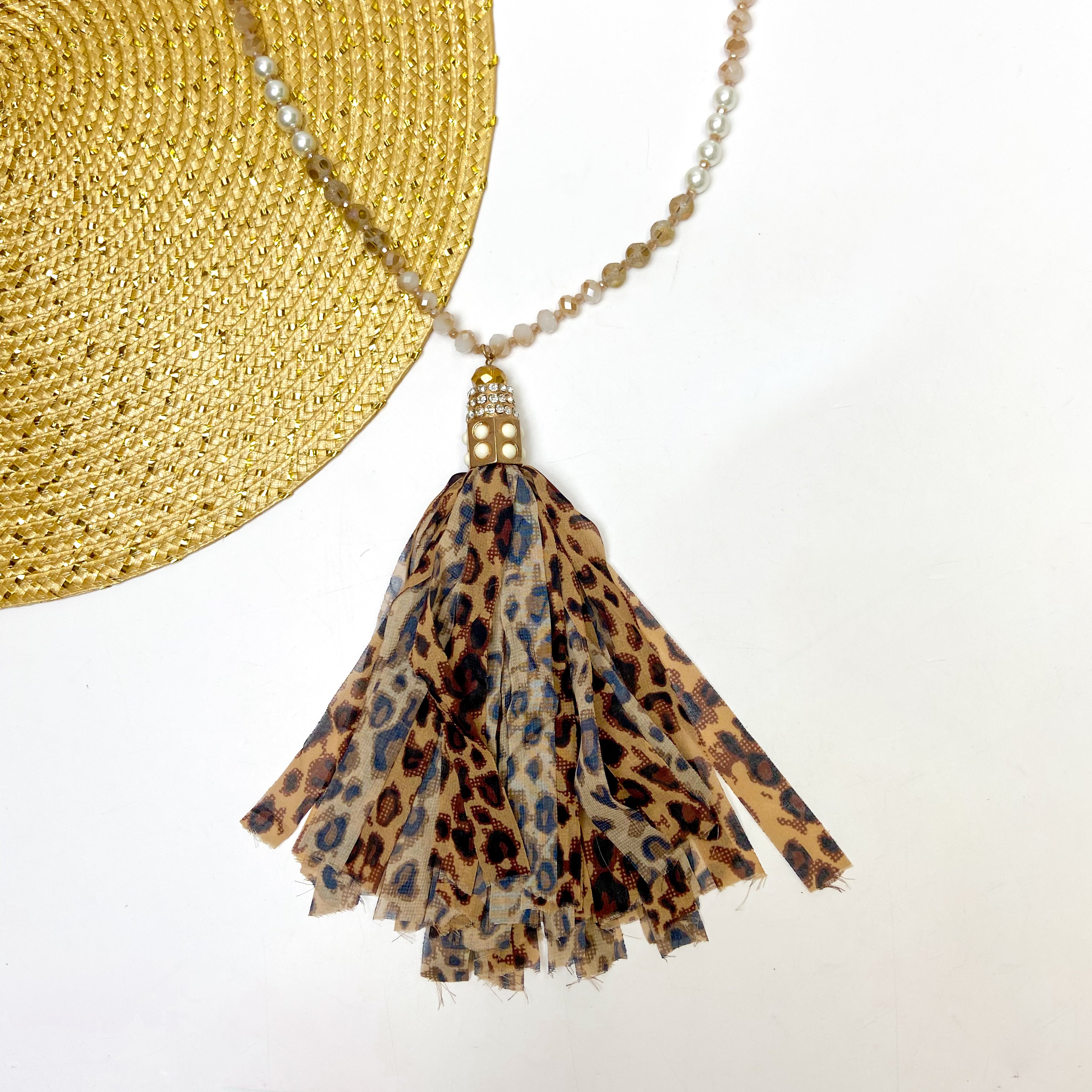 Crystal Bead and Pearl Necklace with Leopard Print Tassel