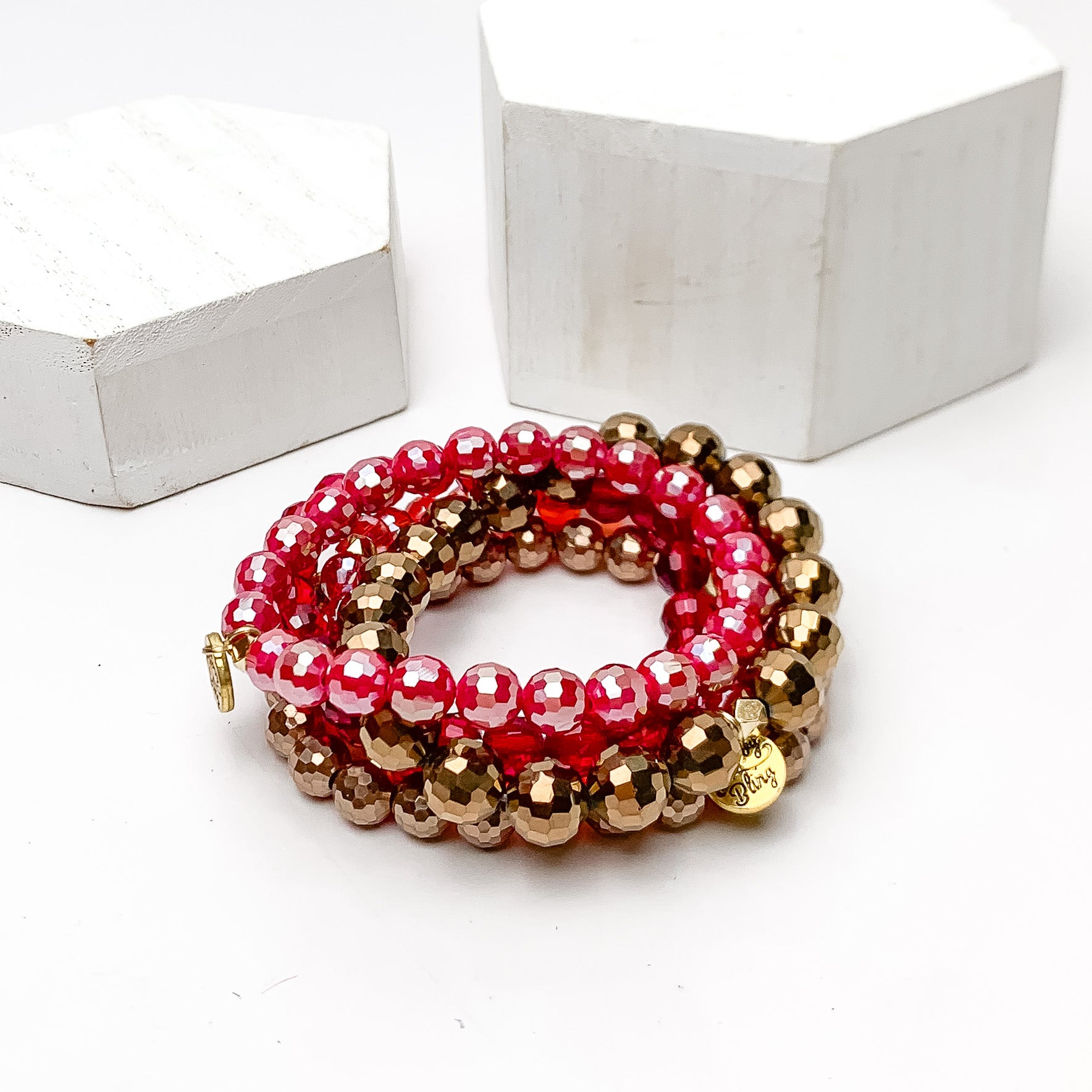 Set of Five | All Nighter Crystal Beaded Bracelet Set in Red and Gold Tones - Giddy Up Glamour Boutique