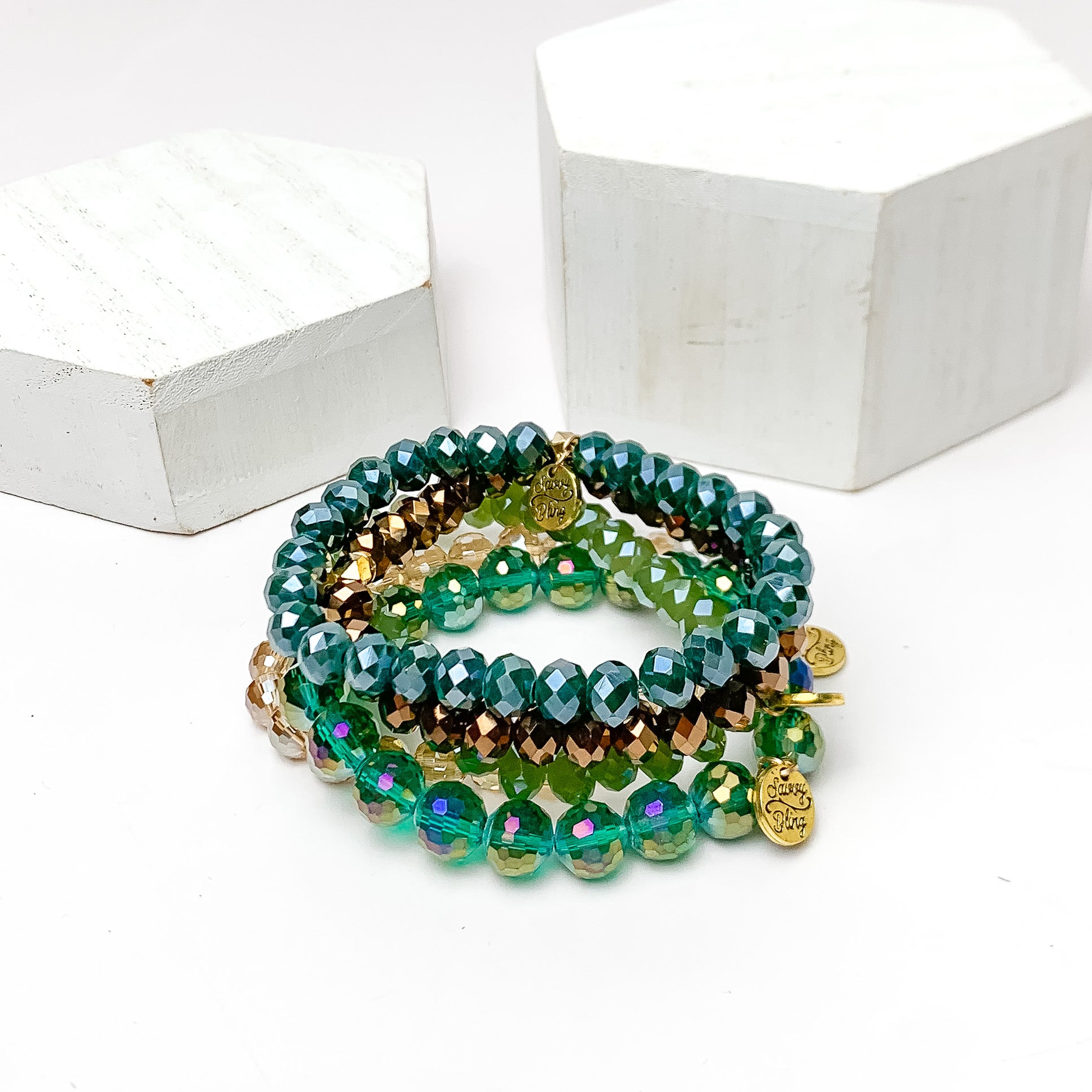 Set of Five | All Nighter Crystal Beaded Bracelet Set in Ocean Tones - Giddy Up Glamour Boutique
