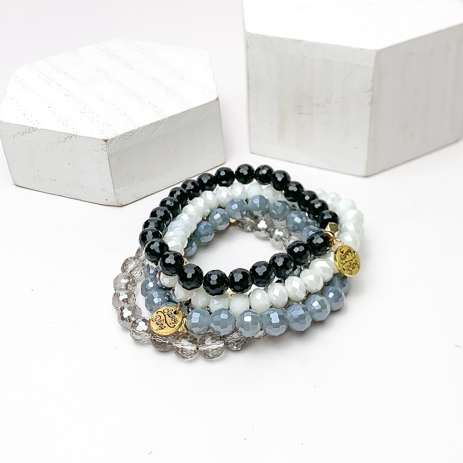 Set of Five | All Nighter Crystal Beaded Bracelet Set in Grey, Black, And White - Giddy Up Glamour Boutique