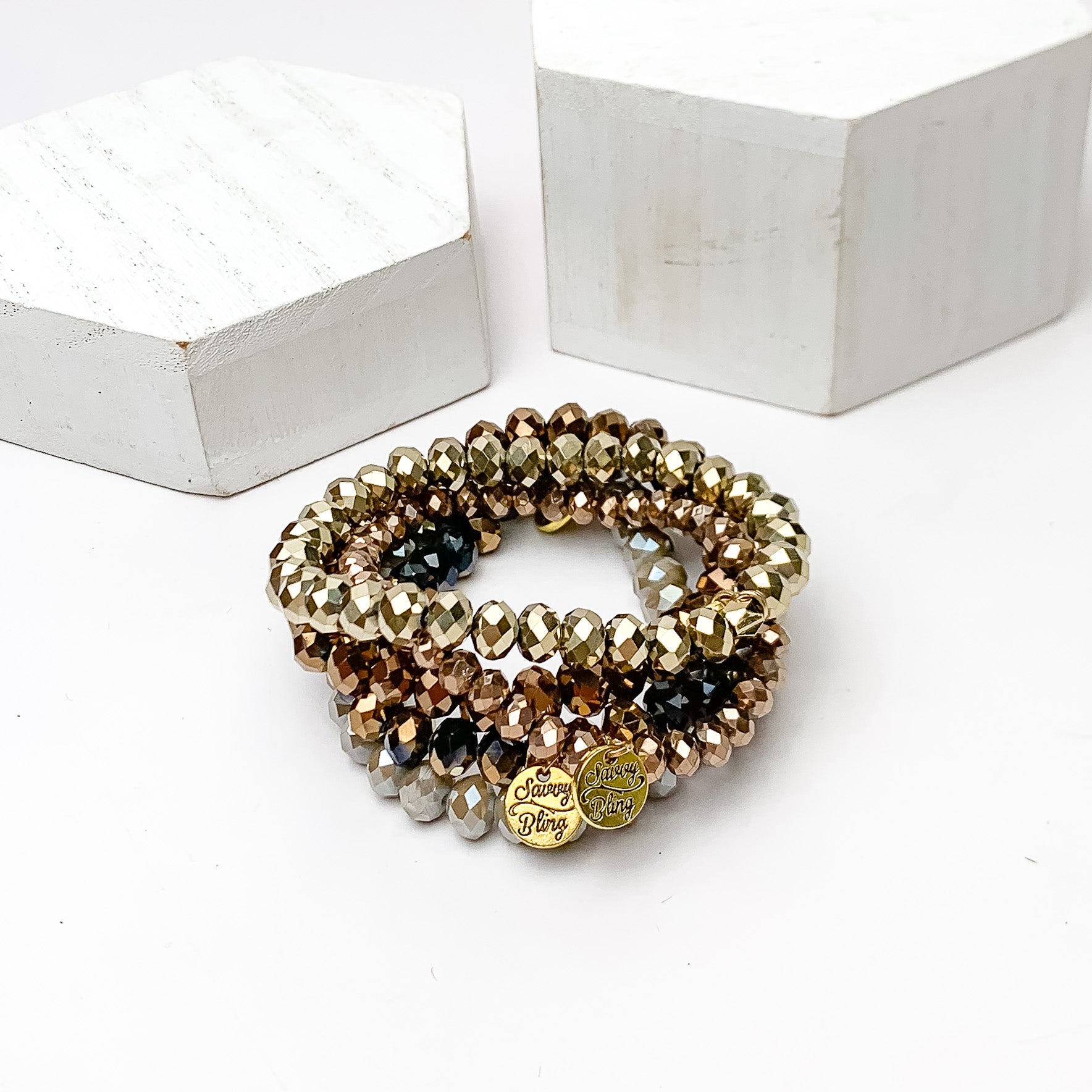 Set of Five | All Nighter Crystal Beaded Bracelet Set in Gold Tones - Giddy Up Glamour Boutique