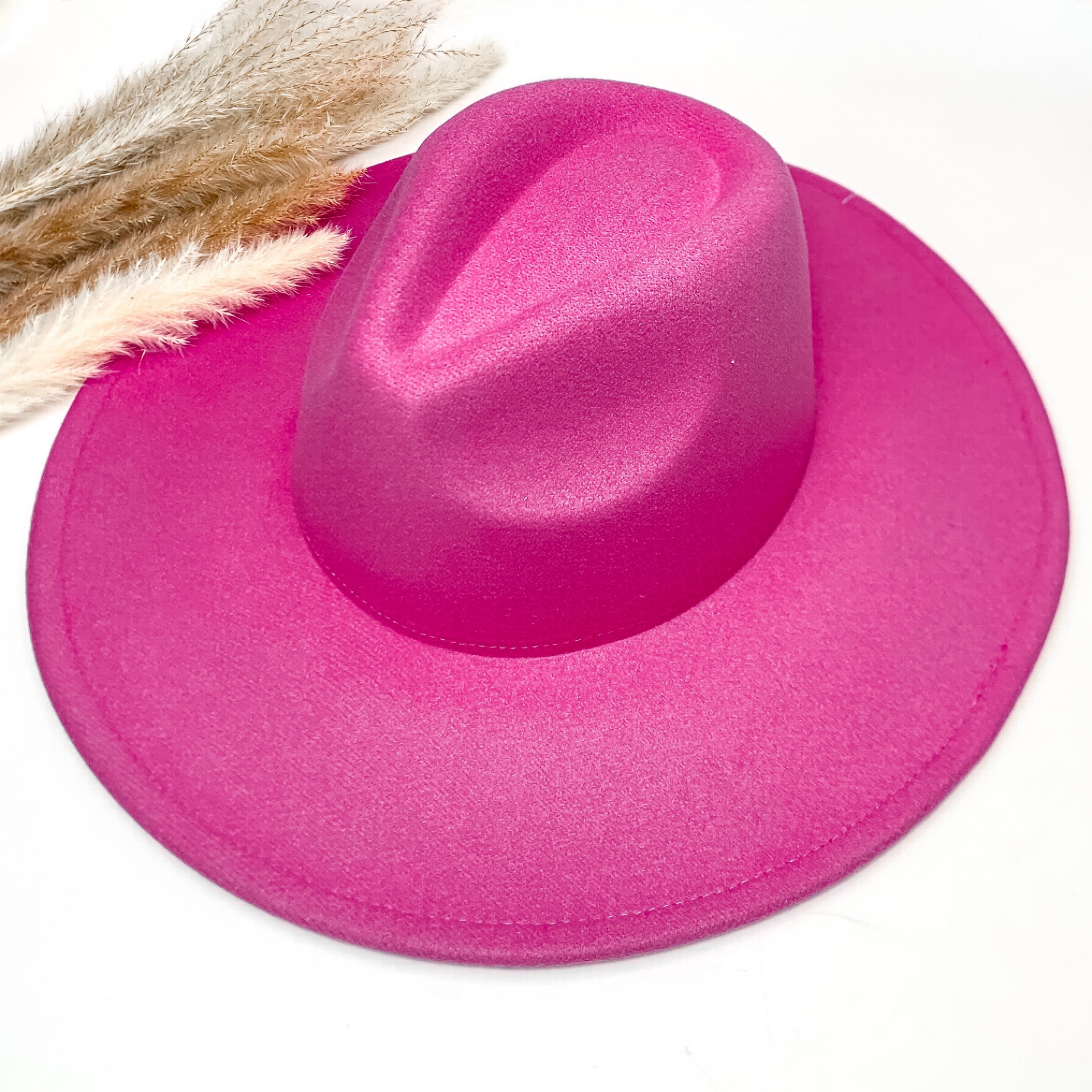 Plain and simple faux felt hat in hot pink color. This hat is sitting on a white background. There is brown and white feathers to the left of the hat.