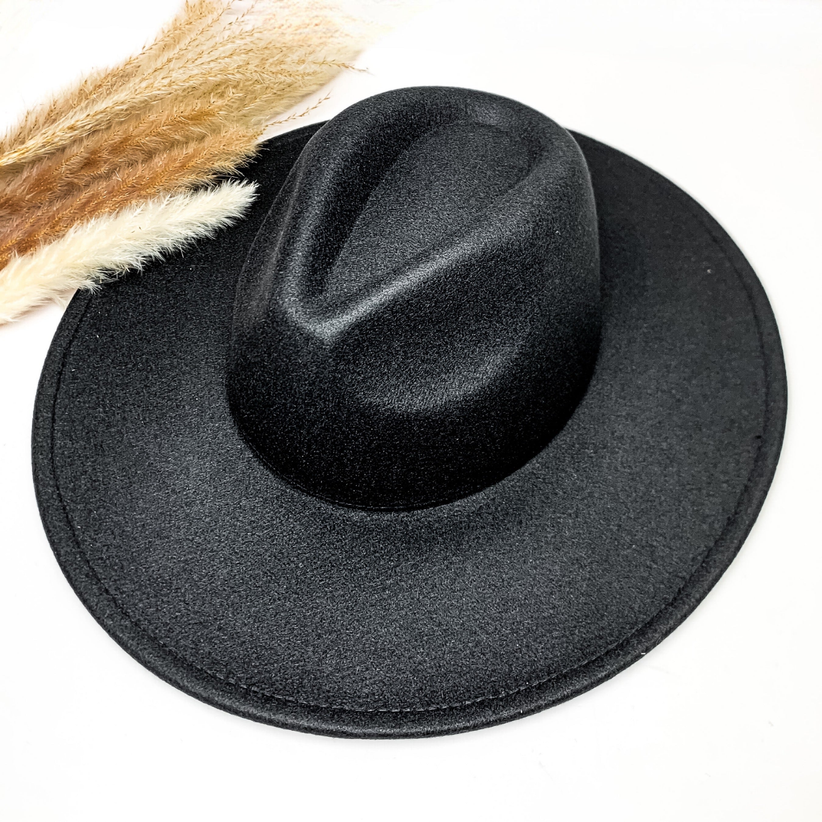 Plain and simple faux felt hat in black color. This hat is sitting on a white background. There is brown and white feathers to the left of the hat.