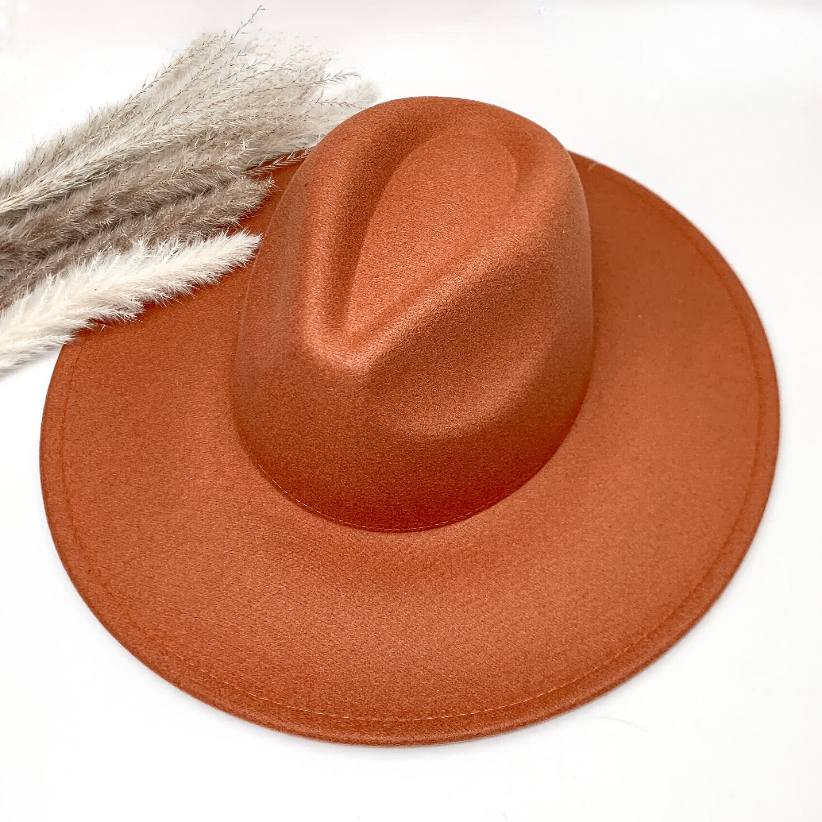 Plain and simple faux felt hat in rust orange color. This hat is sitting on a white background. There is brown and white feathers to the left of the hat.