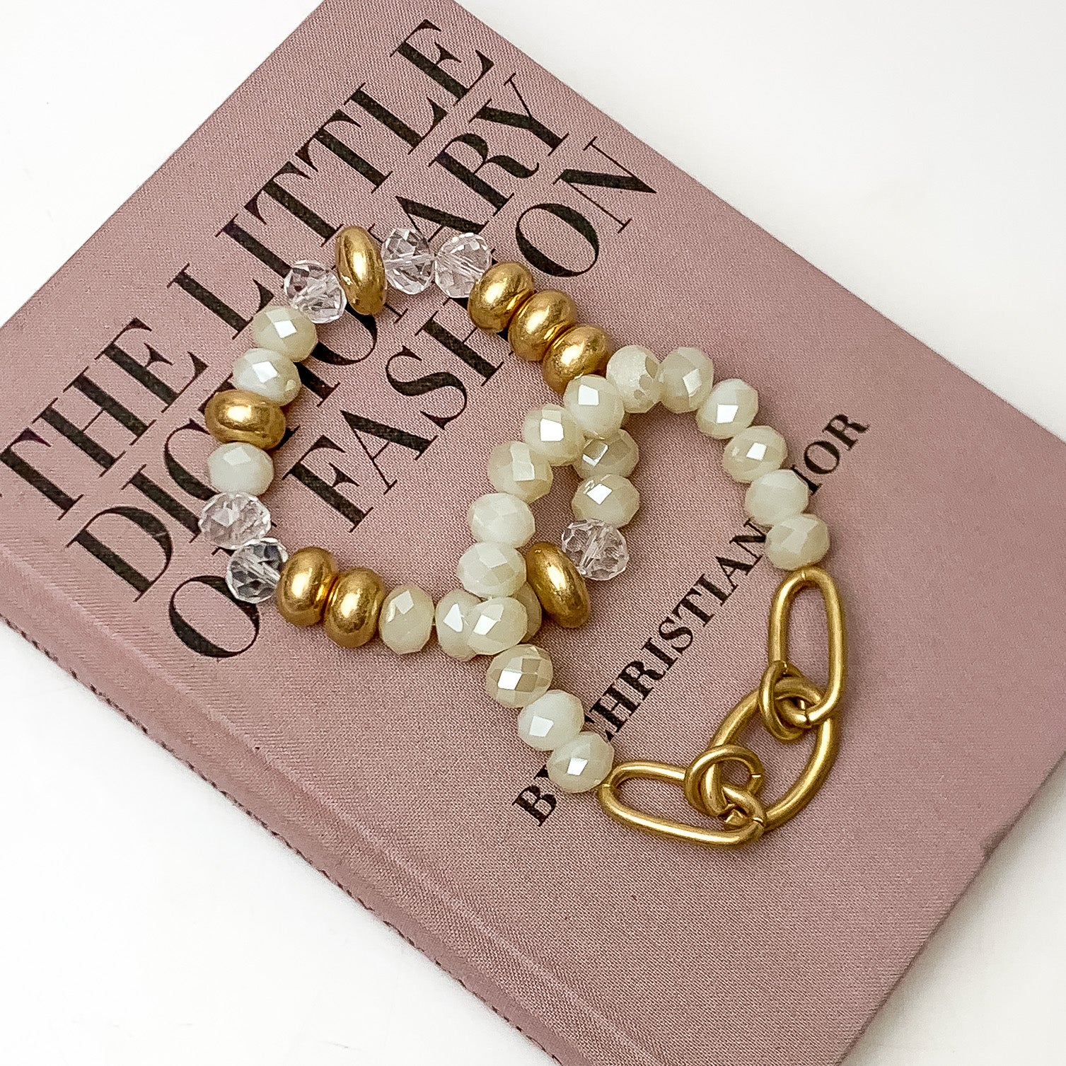 Set of Two | Champagne Beaded and Gold Tone Chain Bracelets - Giddy Up Glamour Boutique