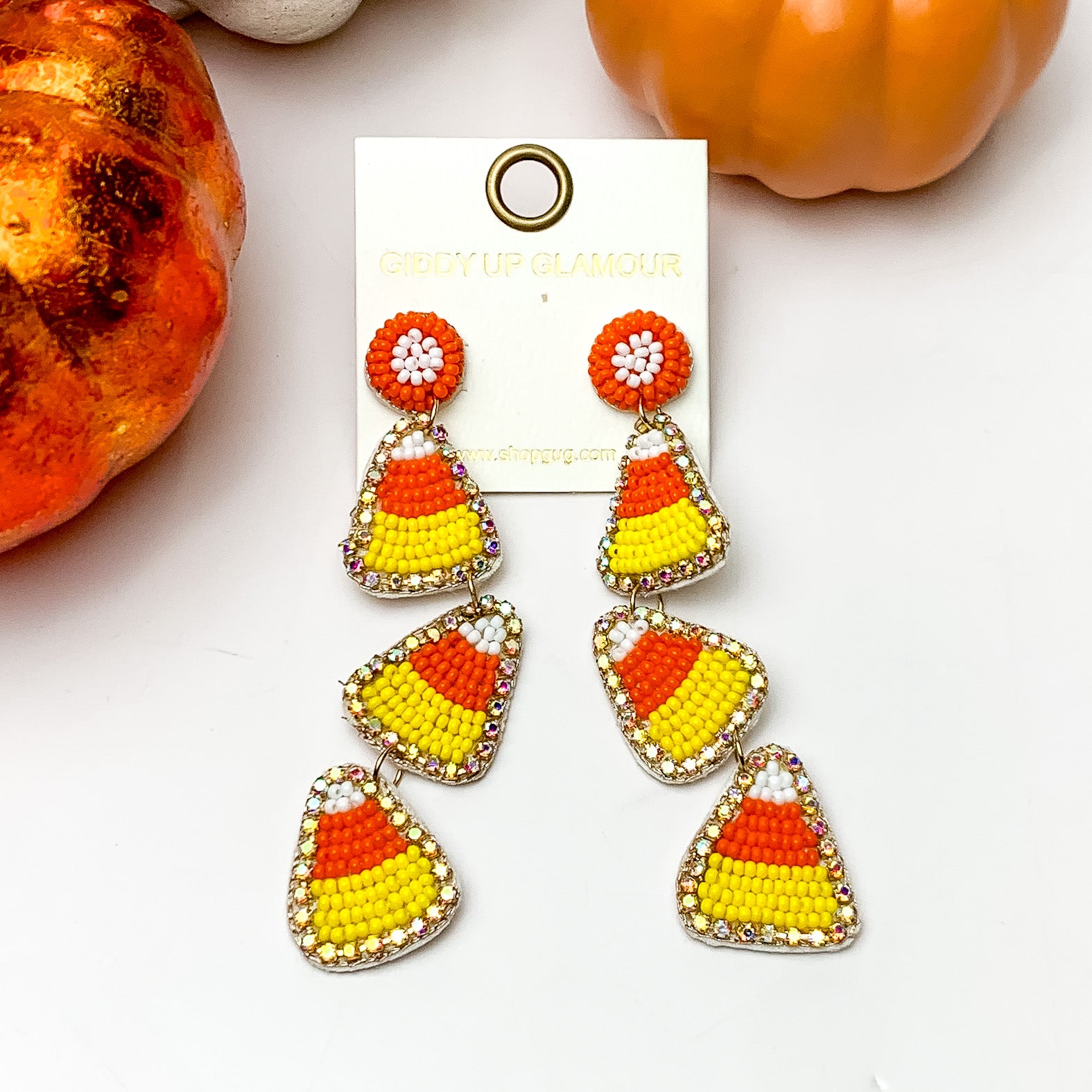 Beaded Candy Corn Drop Earrings with AB Crystal Outline in Orange and Yellow