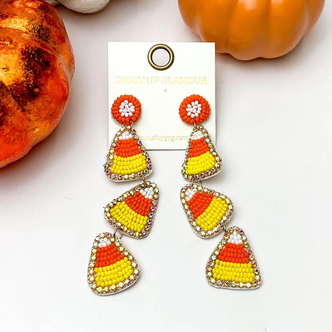 Beaded Candy Corn Drop Earrings with AB Crystal Outline in Orange and Yellow - Giddy Up Glamour Boutique