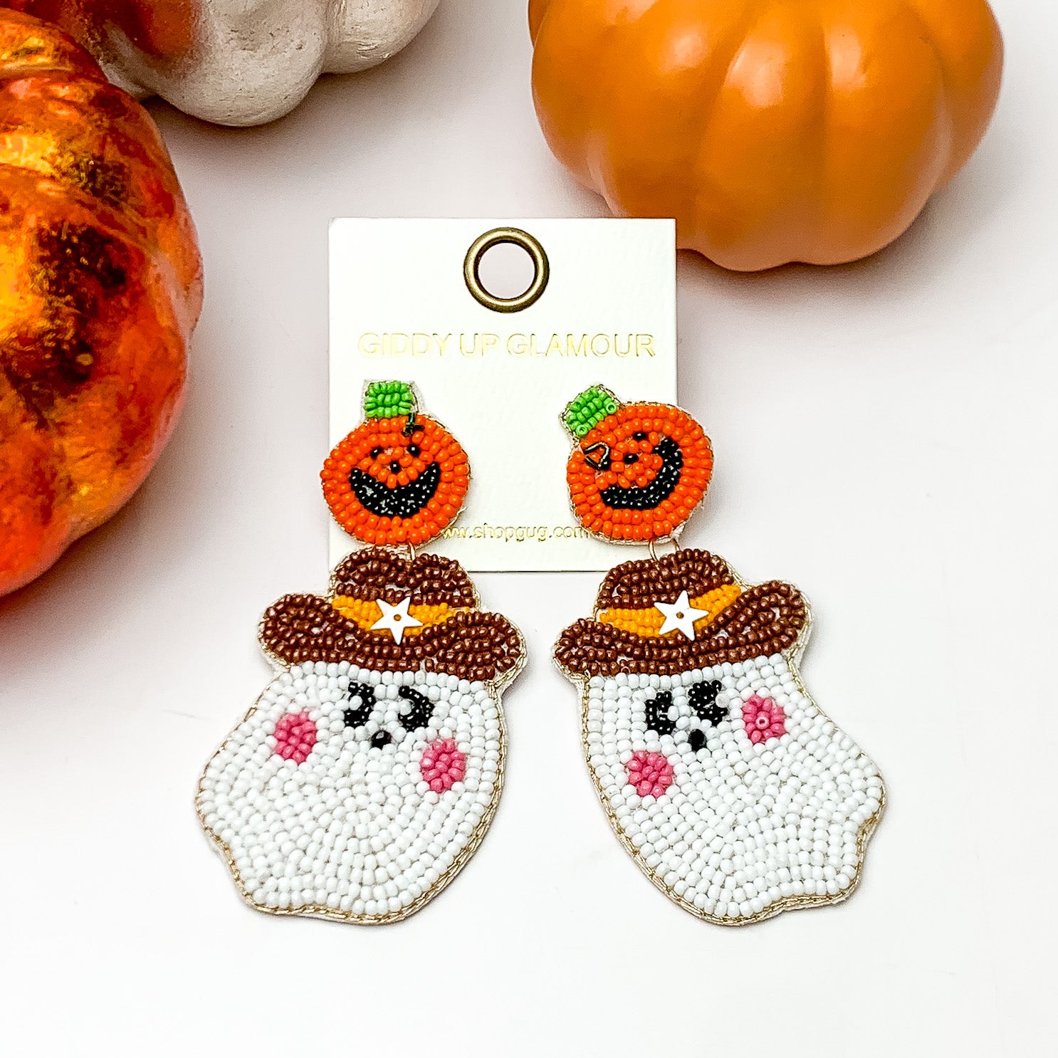 Beaded Cowboy Ghost Earrings with Orange Pumpkin Studs in White - Giddy Up Glamour Boutique
