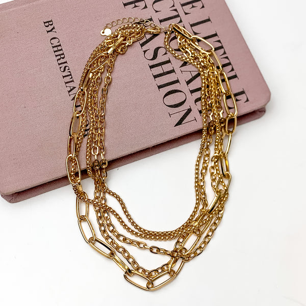 Five Strand Multi Chain Necklace in Gold Tone