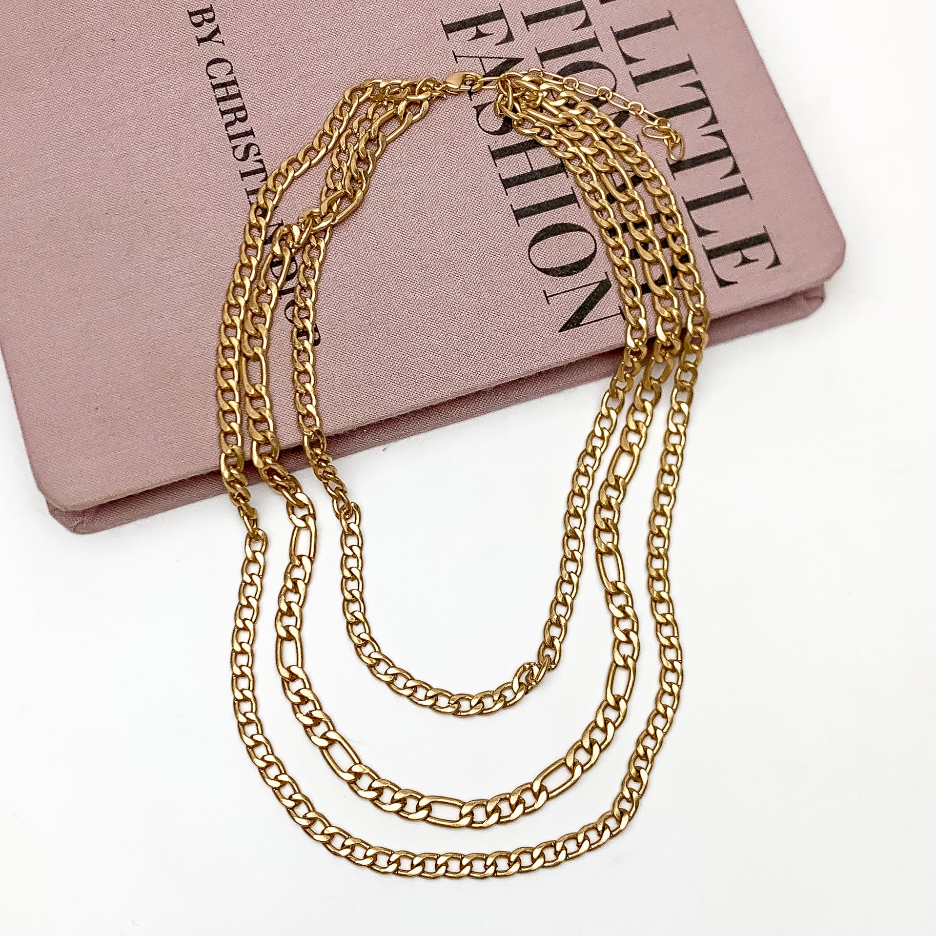 Multi Strand Curb Chain Necklace in Gold Tone