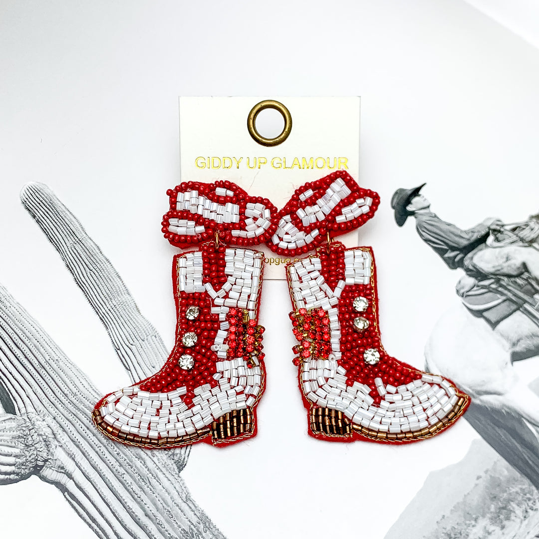 Gameday Cowgirl Beaded Hat and Boot Earrings in Maroon and White - Giddy Up Glamour Boutique