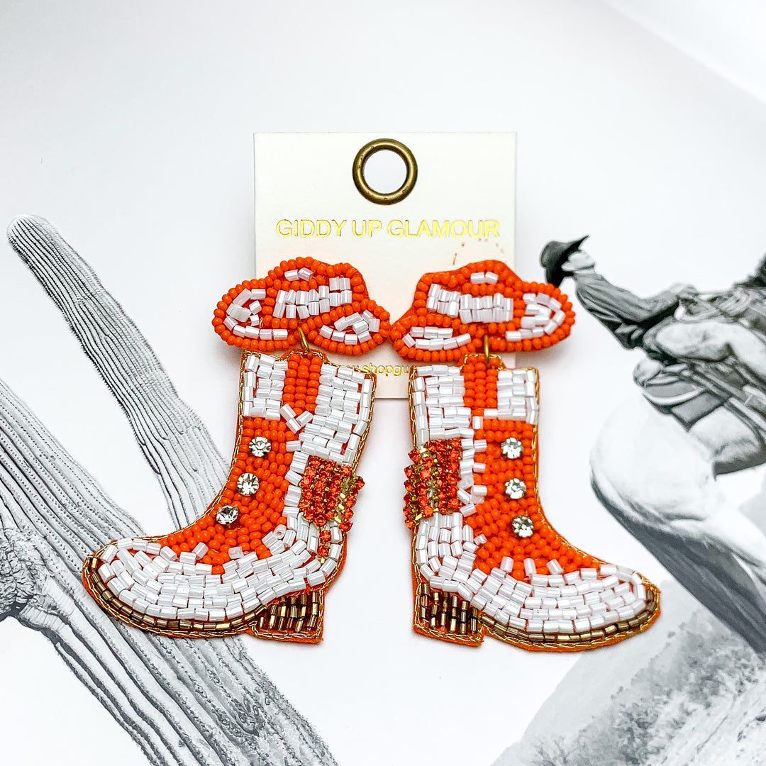 Gameday Cowgirl Beaded Hat and Boot Earrings in Orange and White - Giddy Up Glamour Boutique