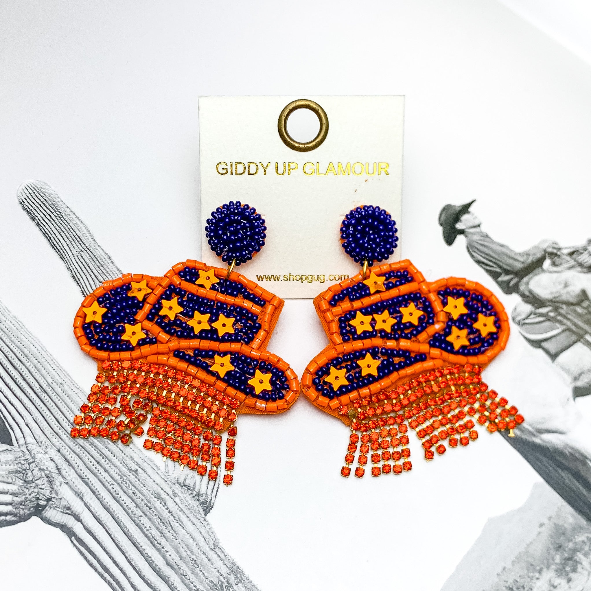 Gameday Beaded Cowboy Hat Earrings with Orange Crystal Fringe in Orange and Navy - Giddy Up Glamour Boutique