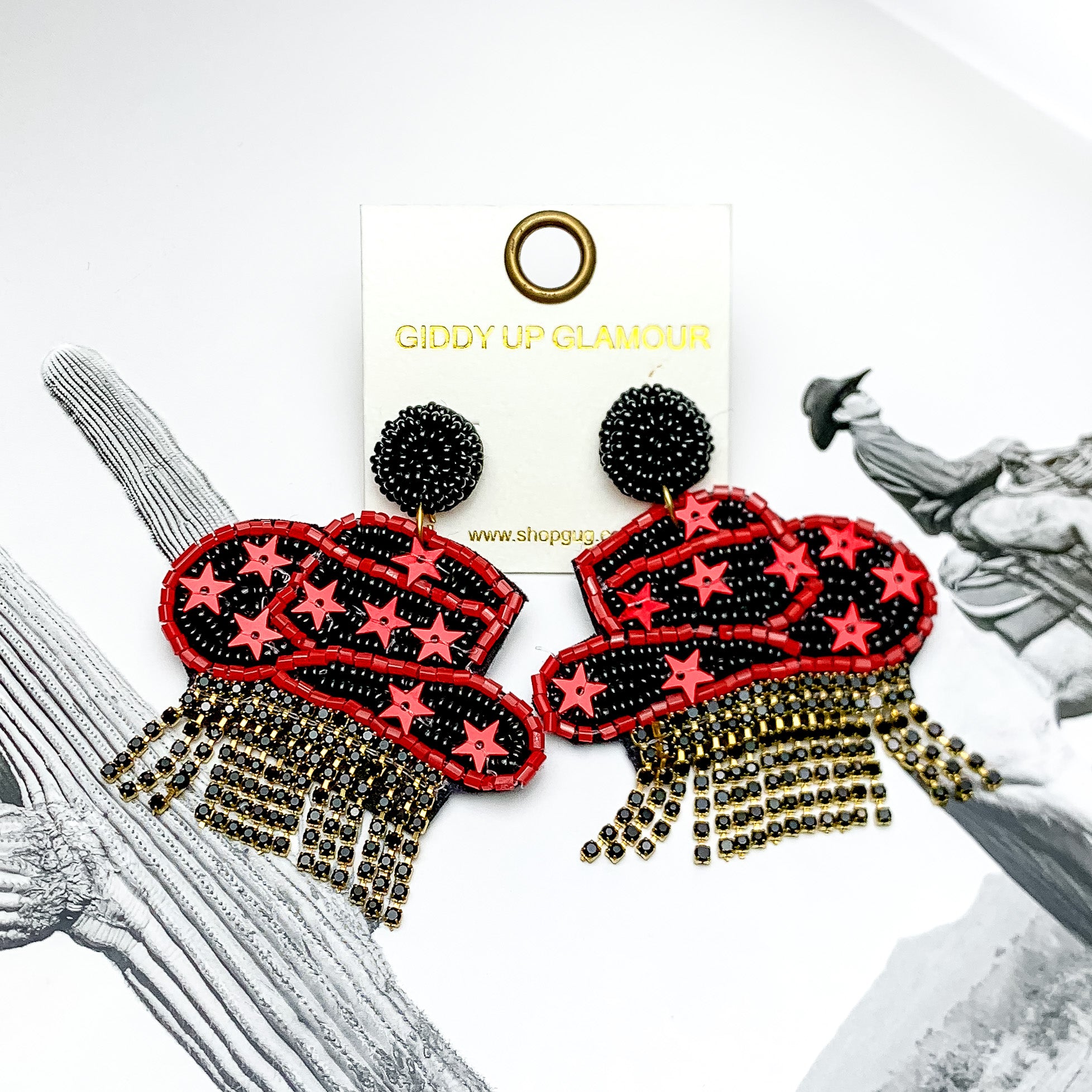 Gameday Beaded Cowboy Hat Earrings with Black Crystal Fringe in Red and Black - Giddy Up Glamour Boutique