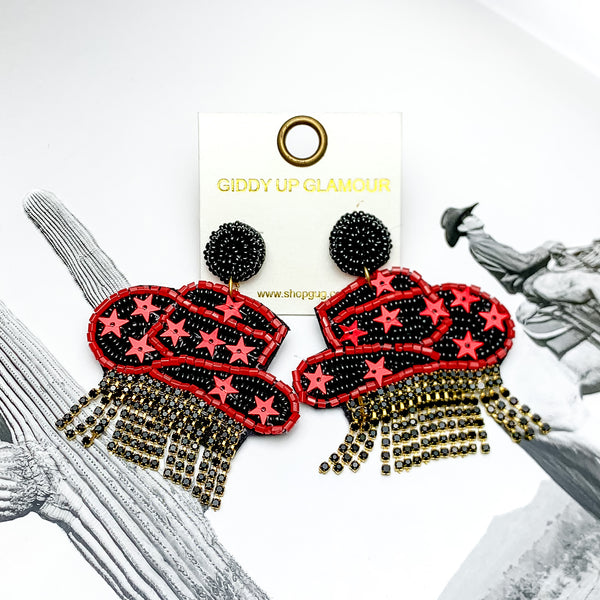 Gameday Beaded Cowboy Hat Earrings with Black Crystal Fringe in Red and Black