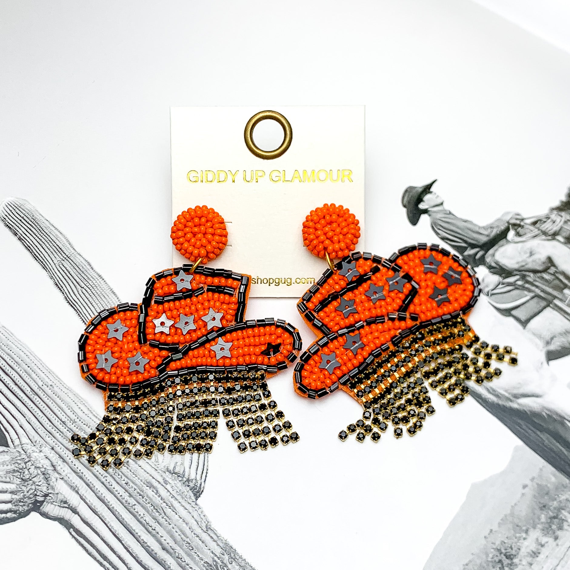 Gameday Beaded Cowboy Hat Earrings with Black Crystal Fringe in Orange and Black - Giddy Up Glamour Boutique