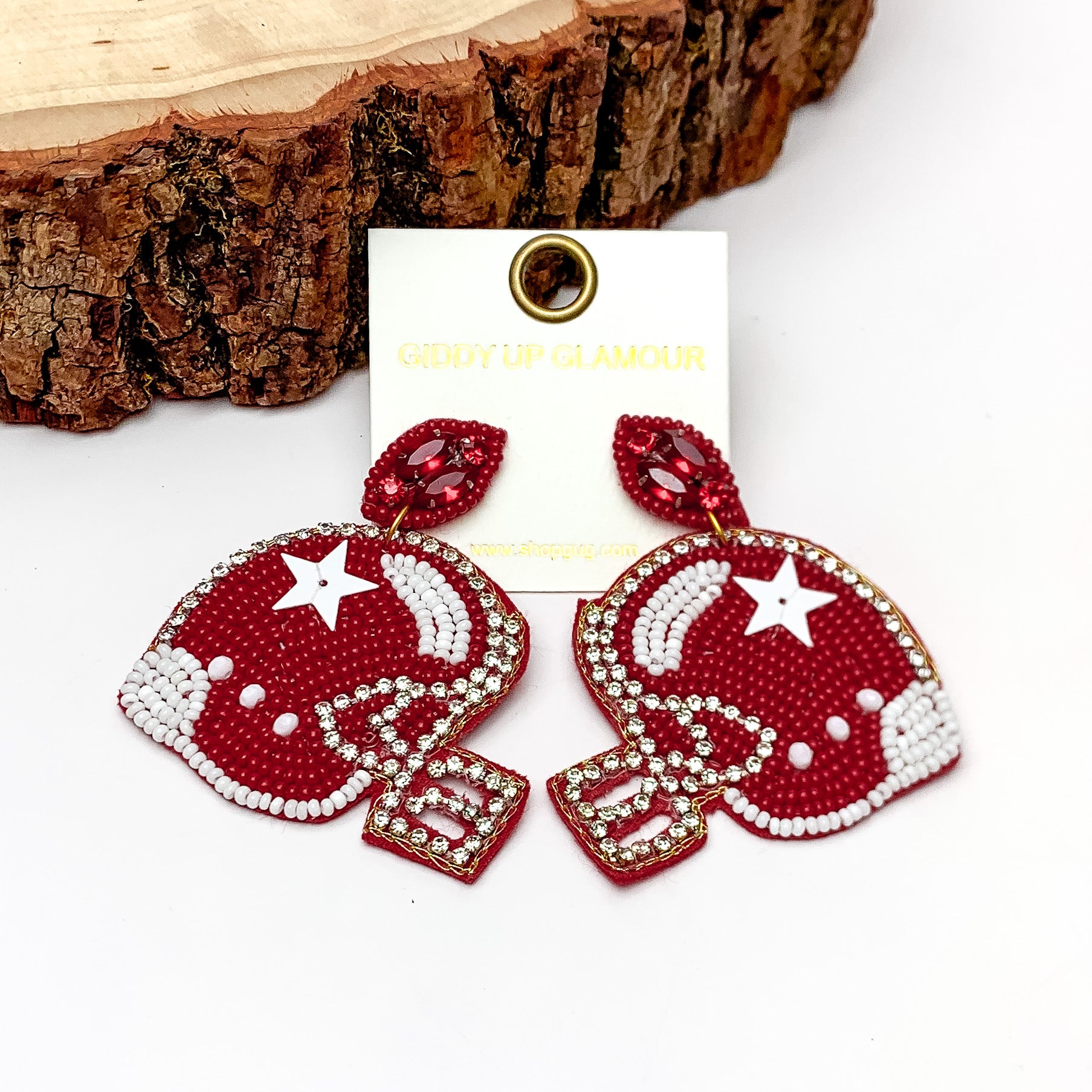 Beaded Football Helmet Earrings with a Clear Crystal Outline in Maroon - Giddy Up Glamour Boutique